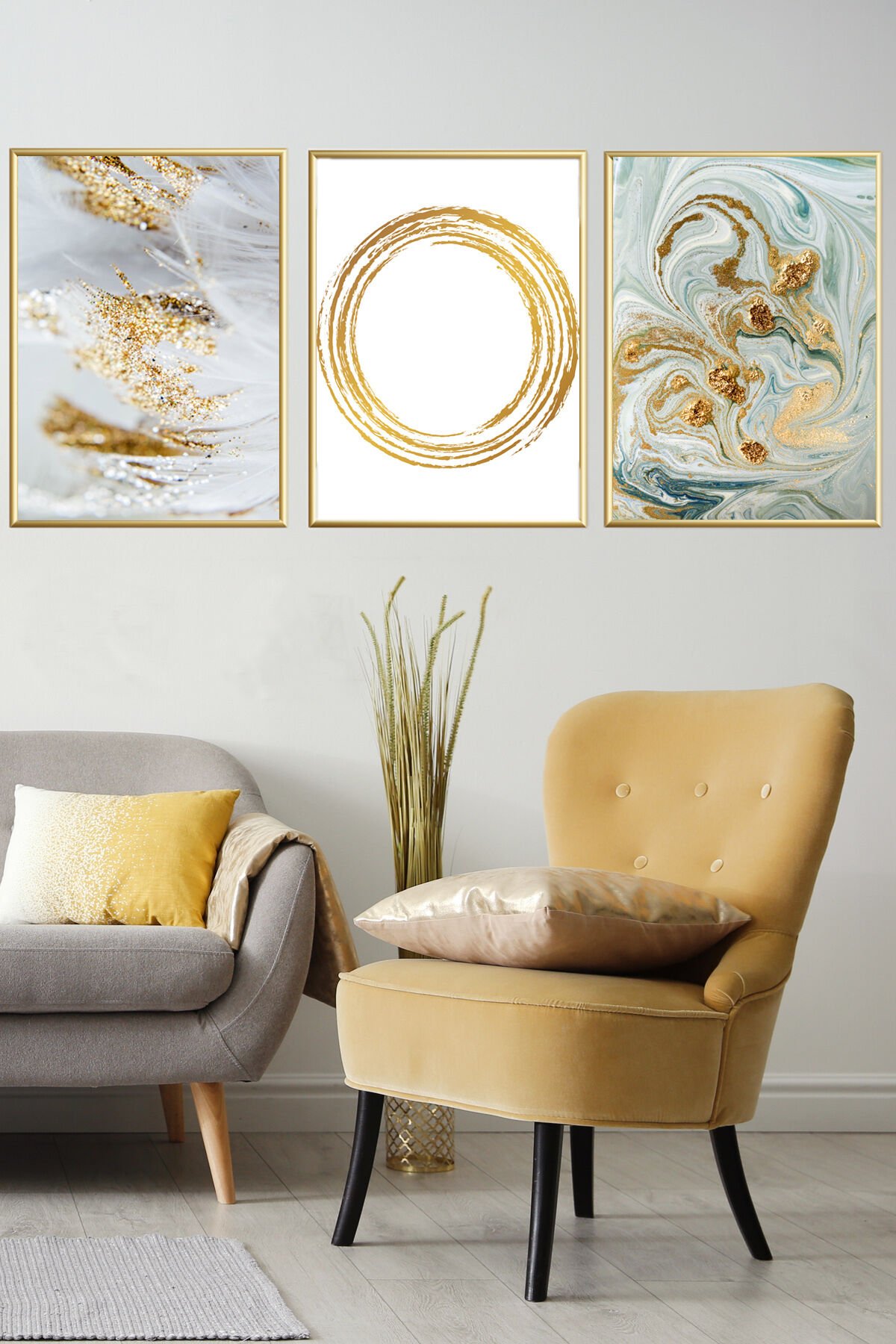 Üçlü Gold Alüminyum Camlı Mermer Desen Beyaz Poster Çerçeveli Set