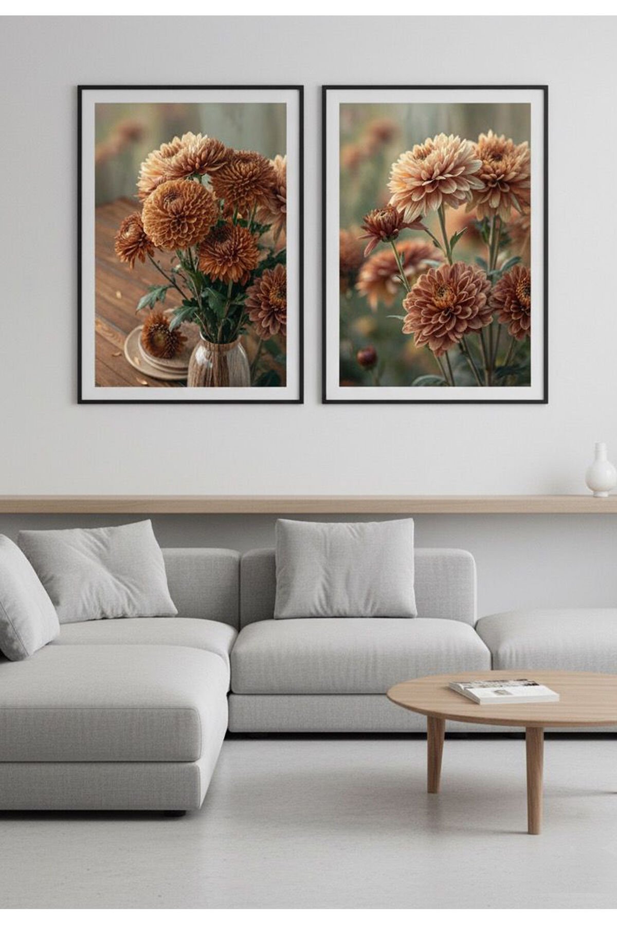 İkili Siyah Metal Çerçeve Çiçek Doğa Camlı Tablo Seti