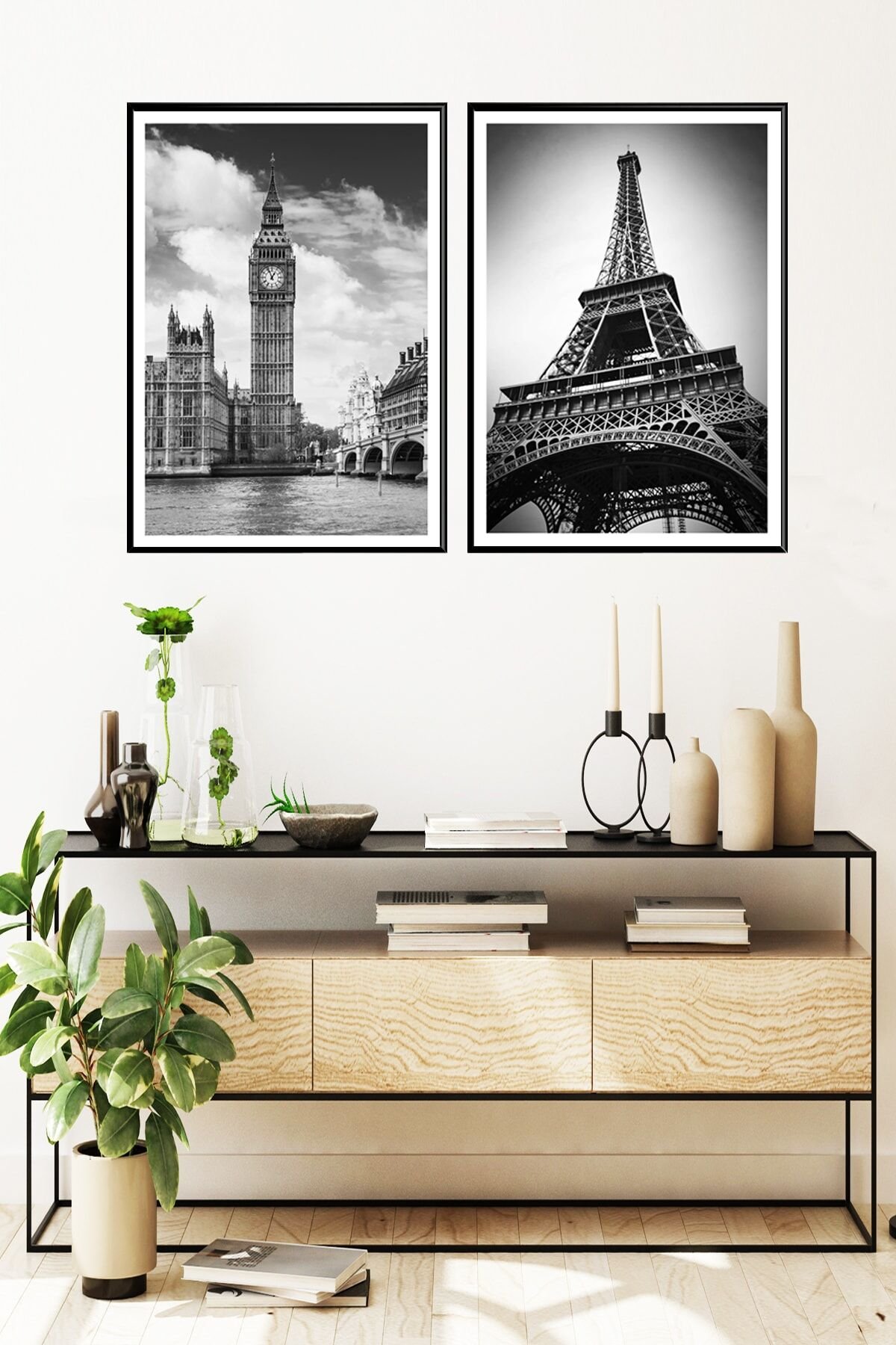 Ikili Siyah Alüminyum Metal Çerçeveli Camlı Poster Tablo Seti