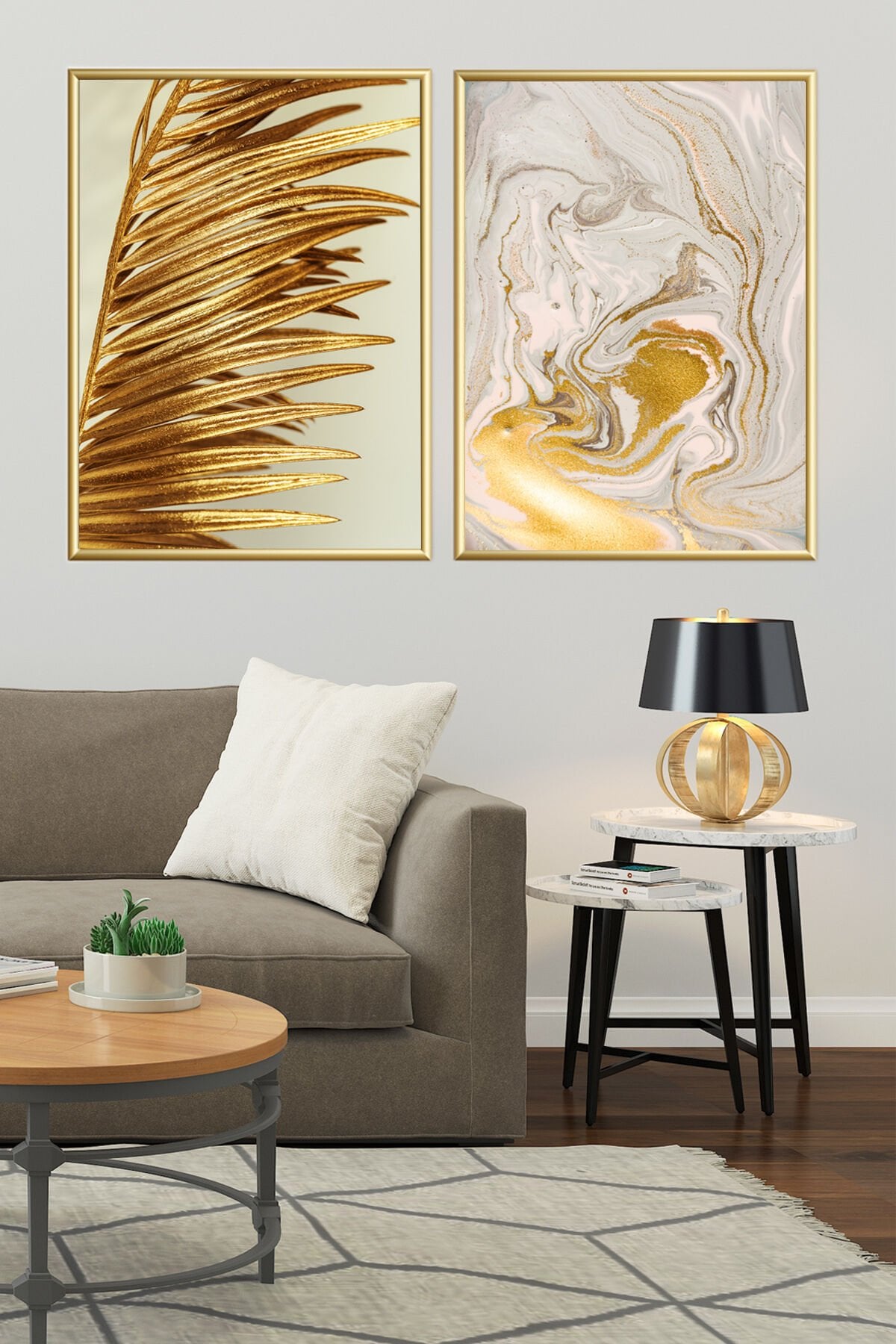 Ikili Gold Alüminyum Çerçeveli Camlı Yaprak Mermer Poster Tablo Seti
