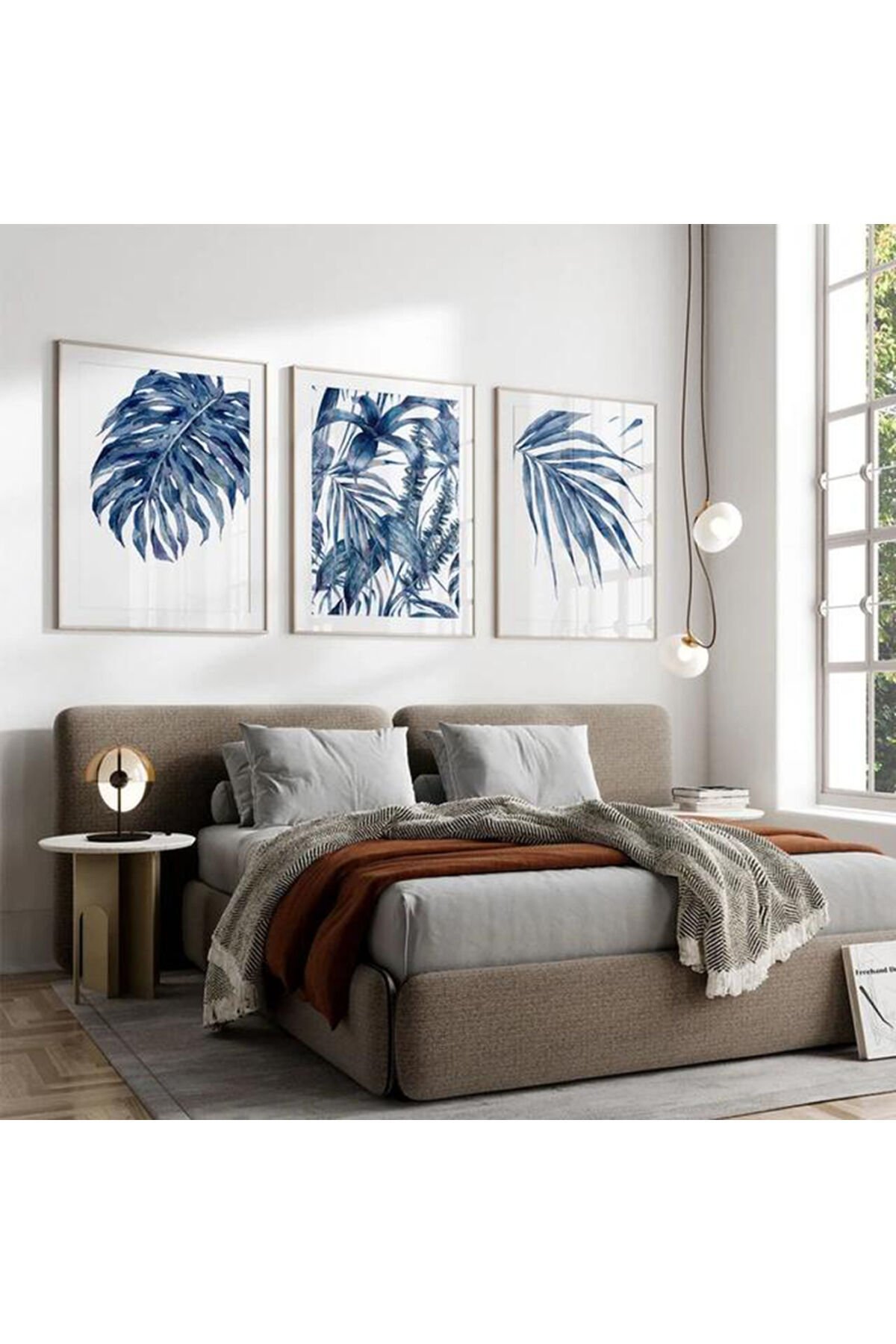 Üçlü Beyaz İnce Metal Çerçeve Lacivert Yaprak Cam Tablo Seti