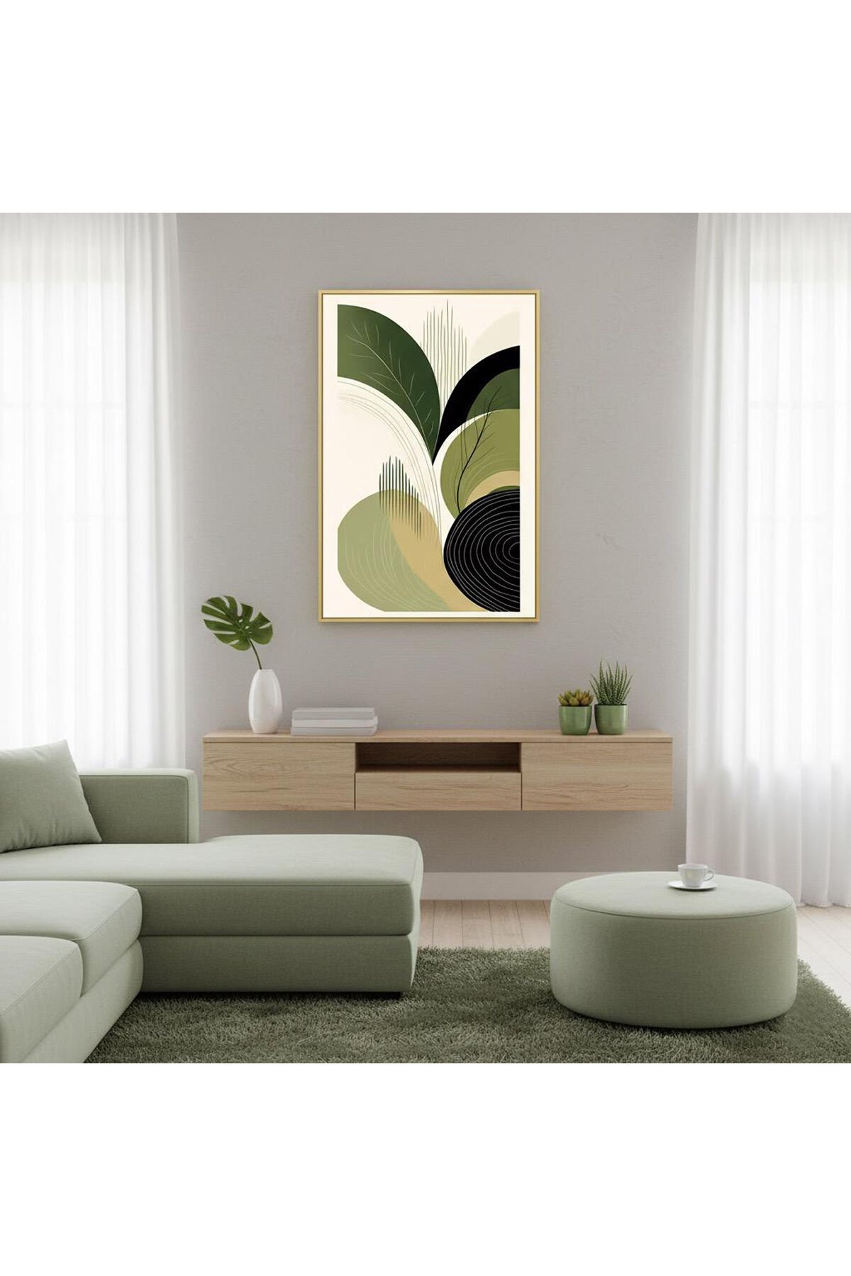 Tekli Gold Metal Çerçeve Yeşil Soyut Camlı Tablo Seti