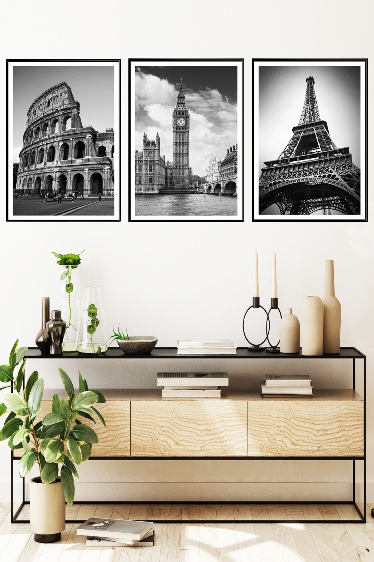 Üçlü Siyah Alüminyum Metal Çerçeveli Camlı Poster Tablo Seti