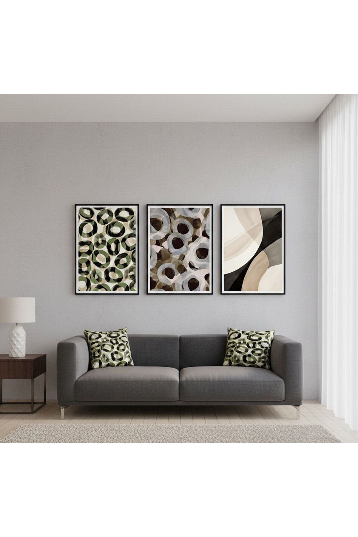 3lü Siyah Metal Çerçeve Soyut Desen Cam Tablo Seti