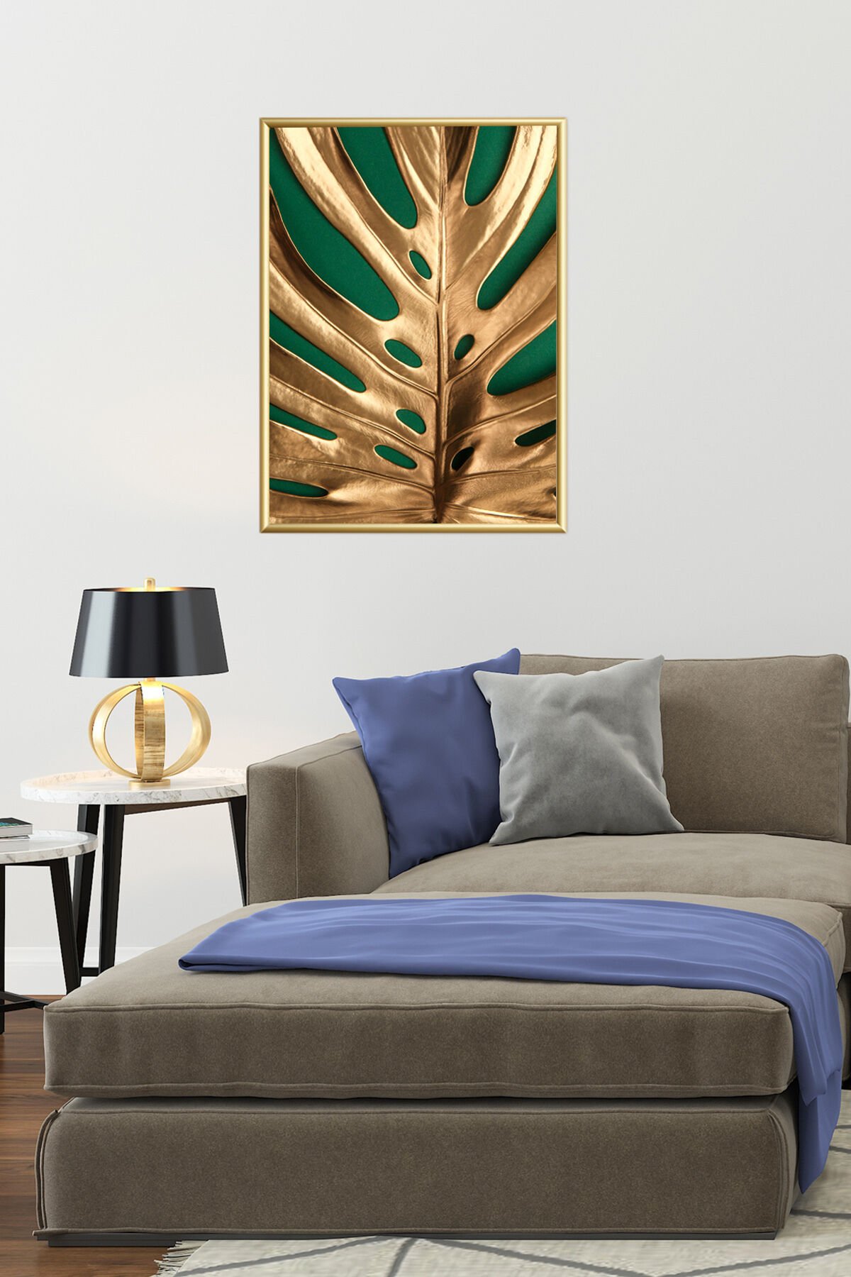 Gold Alüminyum Yeşil Yaprak Çerçeveli Camlı Tablo Poster