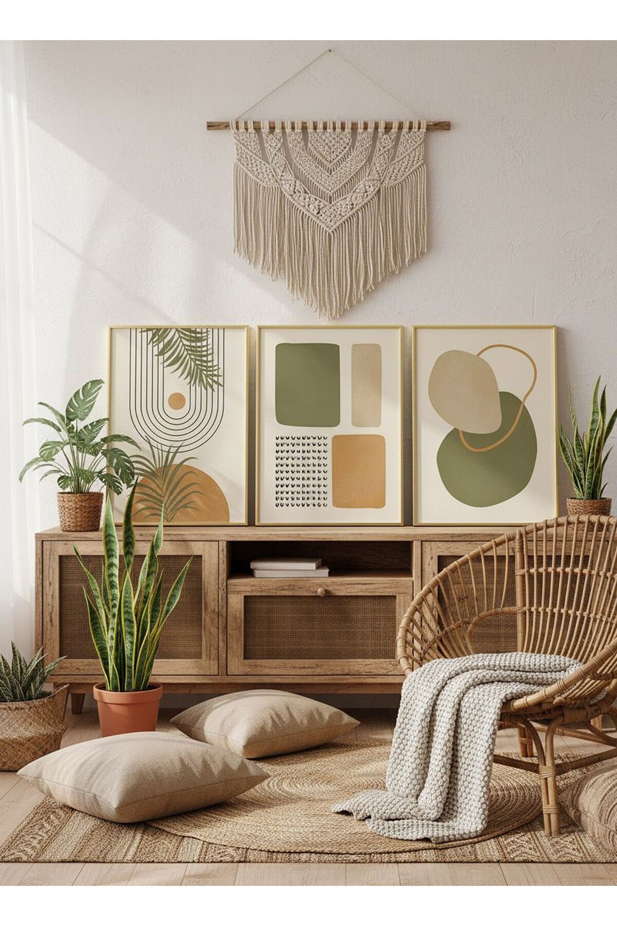 Üçlü Gold Metal Çerçeve Bohem Soft Poster Cam Tablo Seti