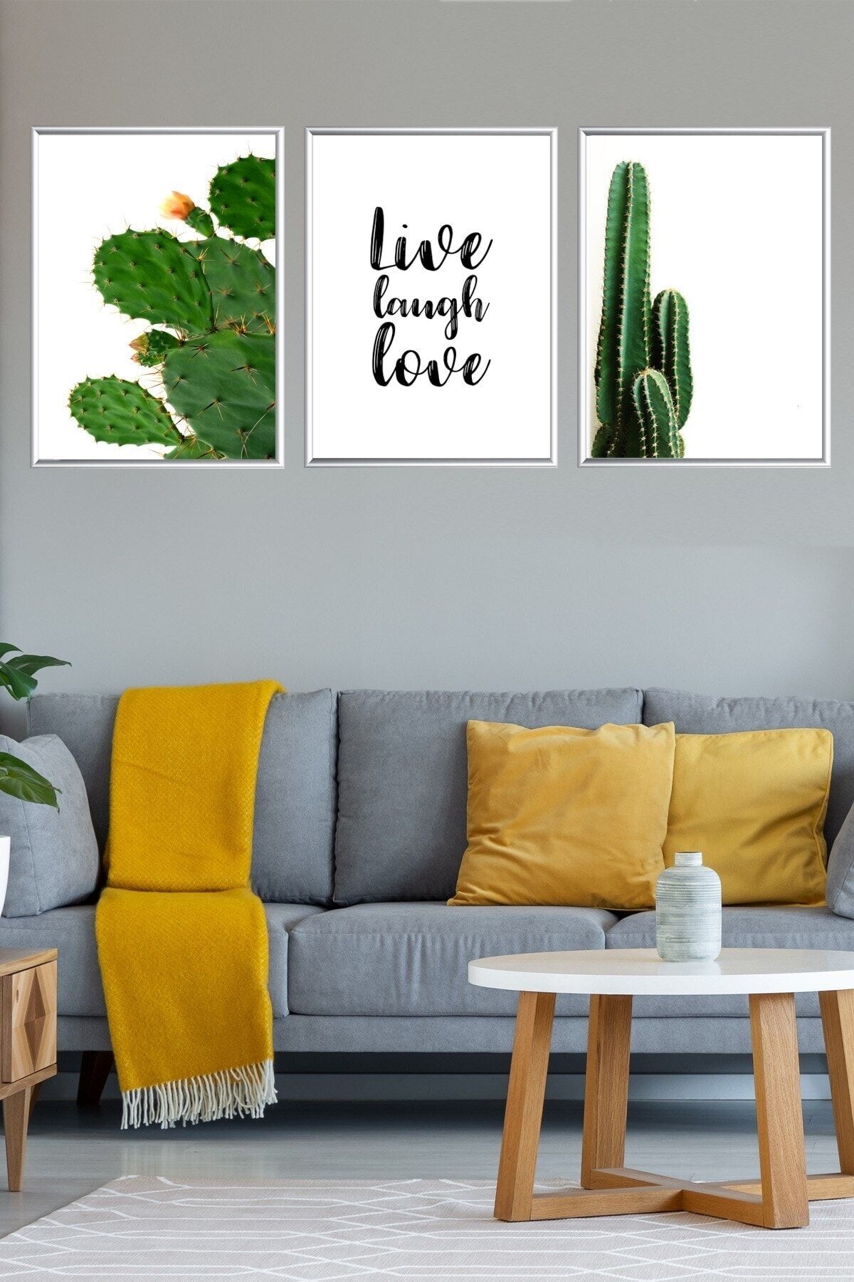 Üçlü Gümüş Alüminyum Motto Yazılı Yeşil Kaktüs Camlı Camlı Çerçeveli Tablo Poster Seti