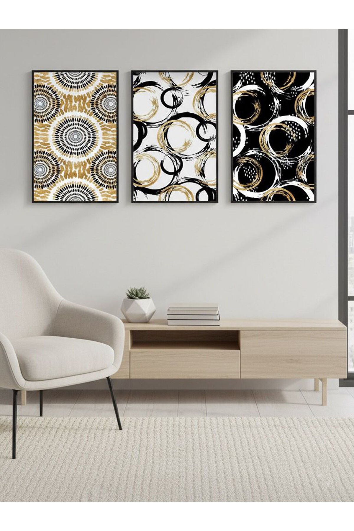 3lü Siyah Metal Çerçeve Sarı Beyaz Soyut Cam Tablo Seti