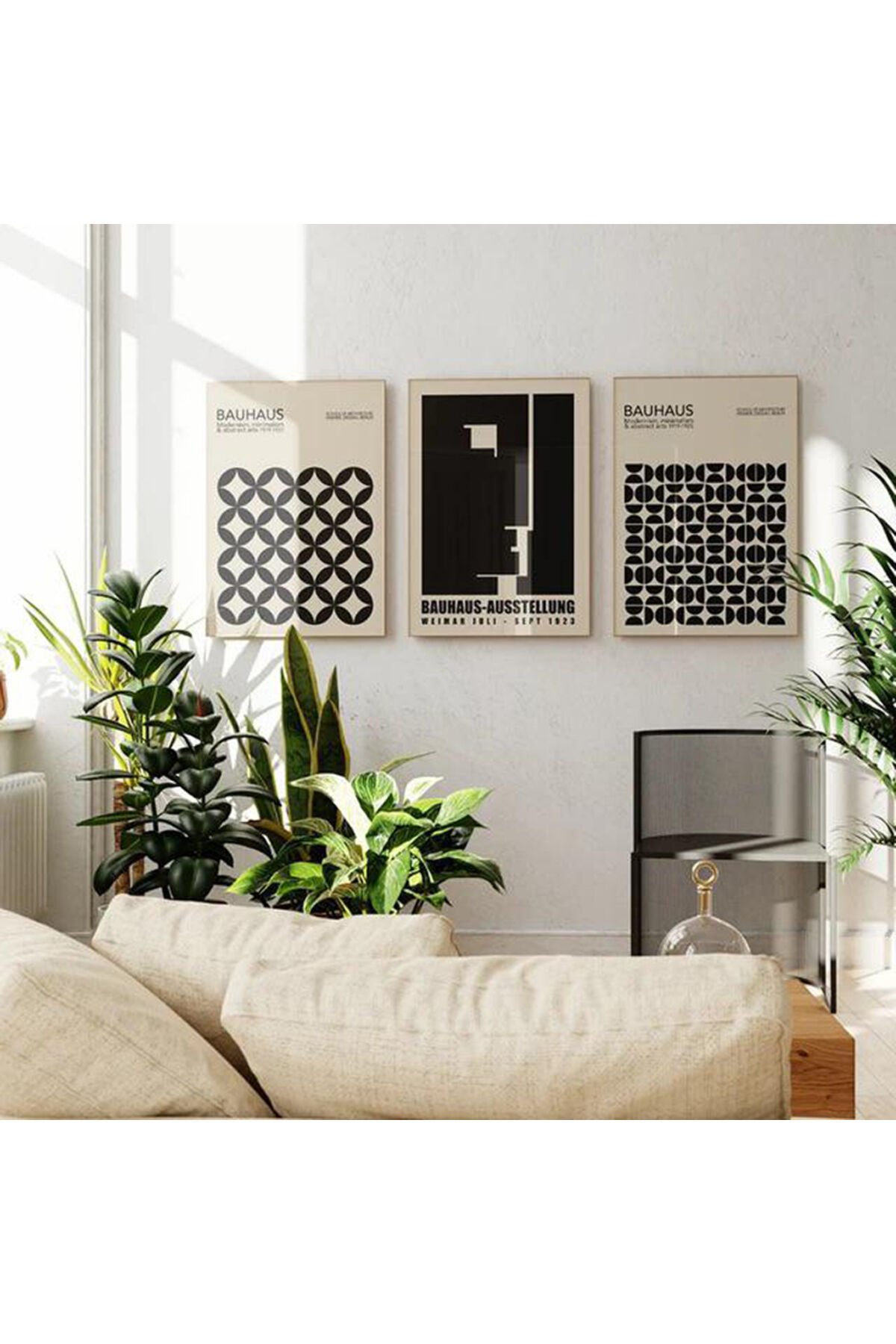 Üçlü Beyaz İnce Metal Çerçeve Siyah Modern Cam Tablo Seti