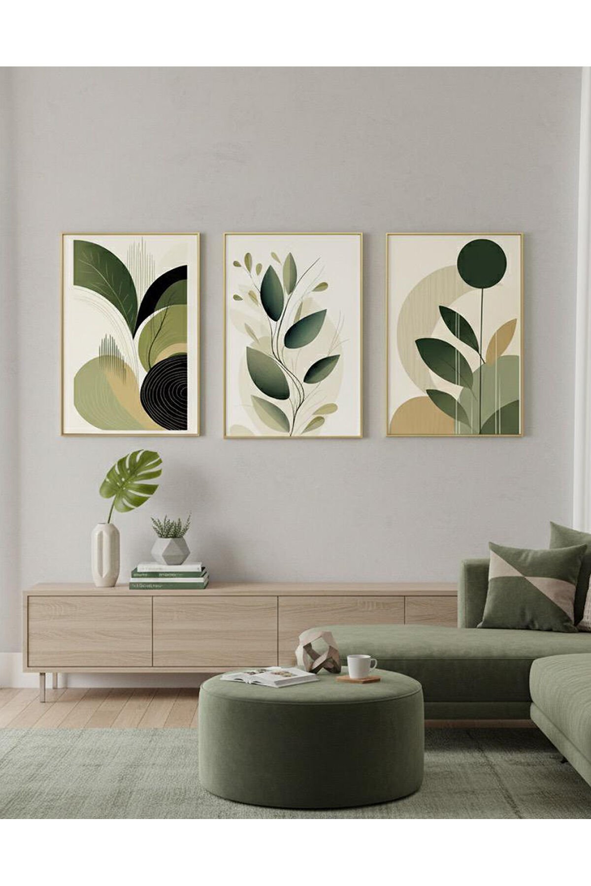 Üçlü Gold Metal Çerçeve Yeşil Yaprak Soyut Poster Cam Tablo Seti