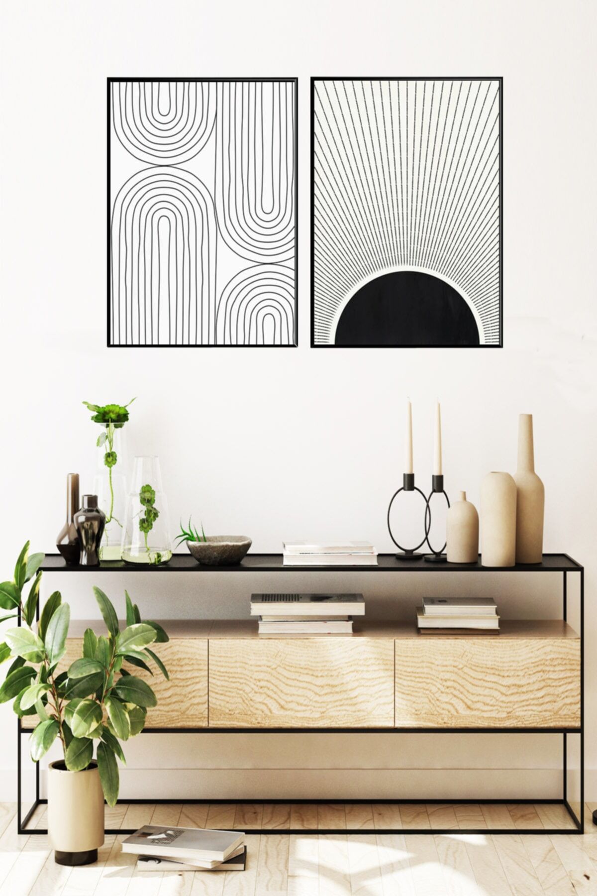 Ikili Siyah Alüminyum Metal Çerçeveli Camlı Siyah Beyaz Soyut Çizgili Poster Tablo Seti