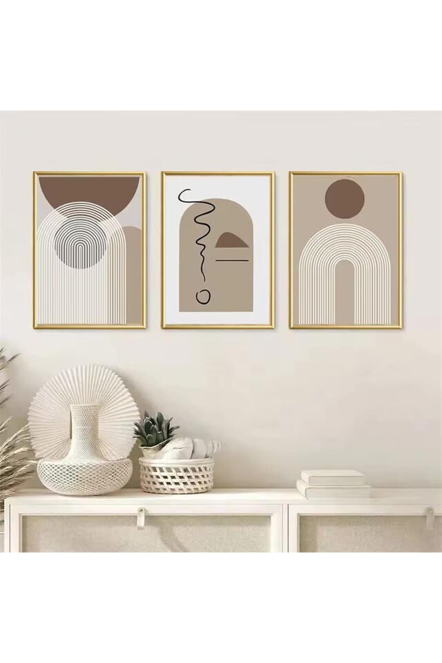 Üçlü Gold Metal Çerçeve Kahverengi Bohem Cam Tablo Seti Gold - 30 X 40