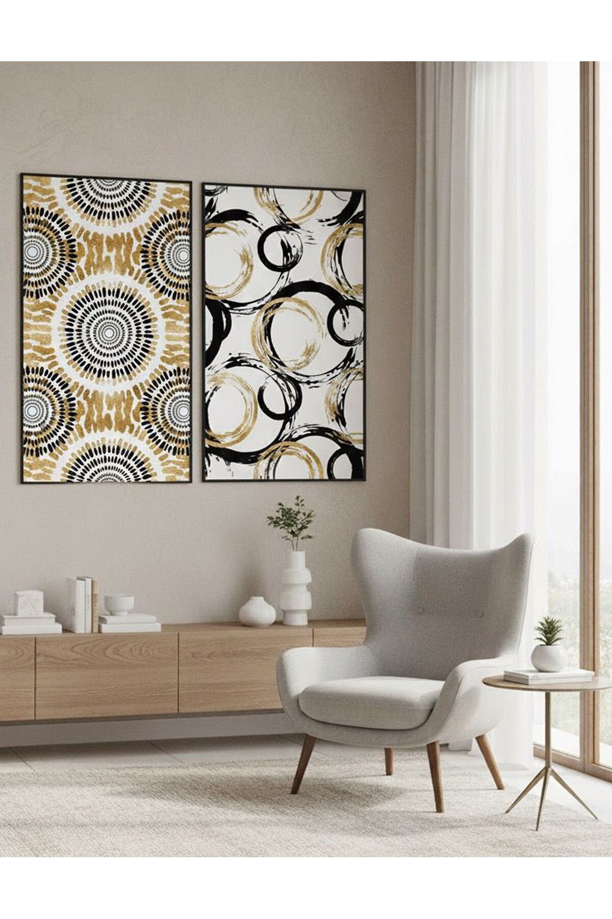 İkili Siyah Metal Çerçeve Soyut Sarı Beyaz Camlı Tablo Seti