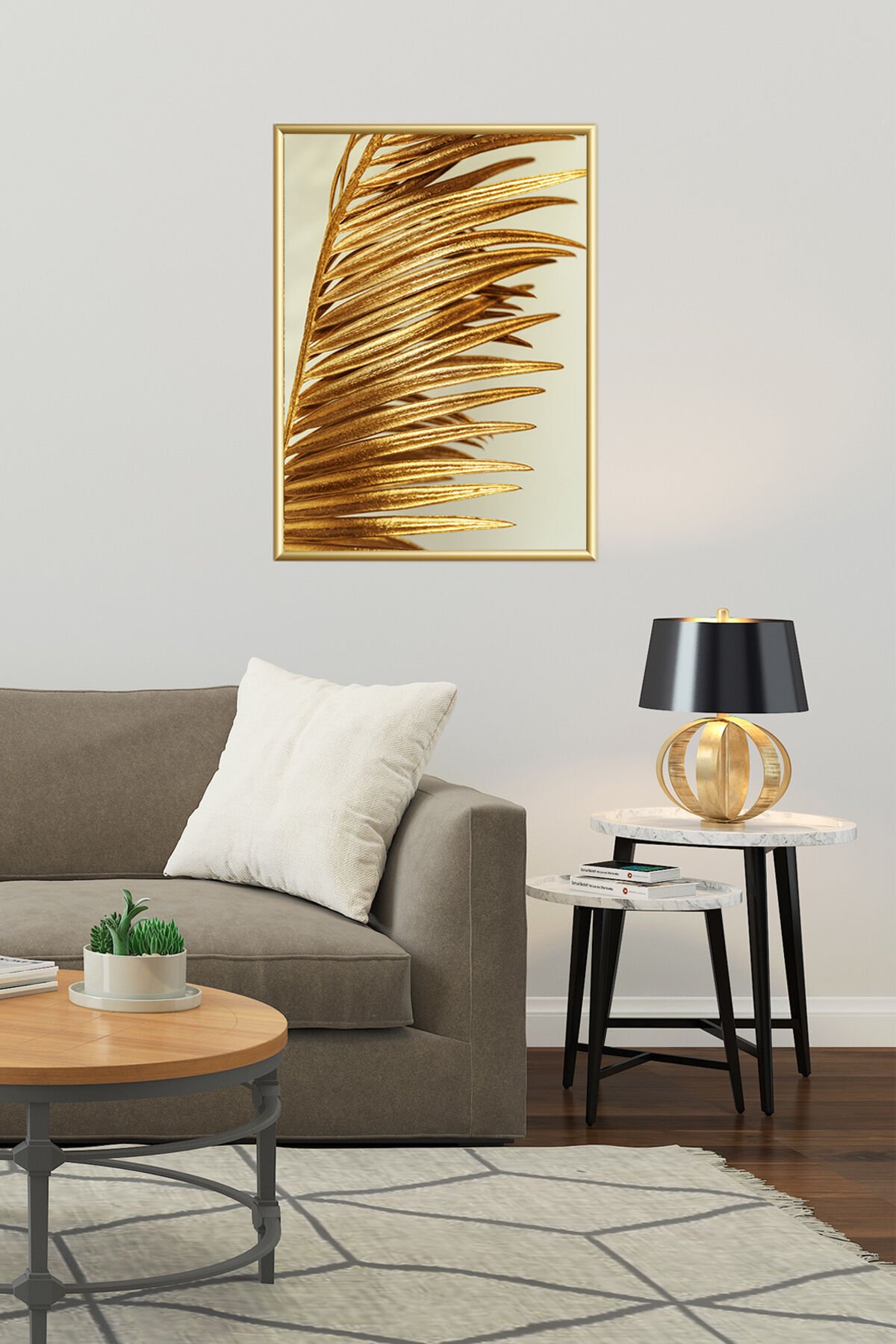Gold Palmiye Yaprak Camlı Metal Alüminyum Çerçeveli Poster
