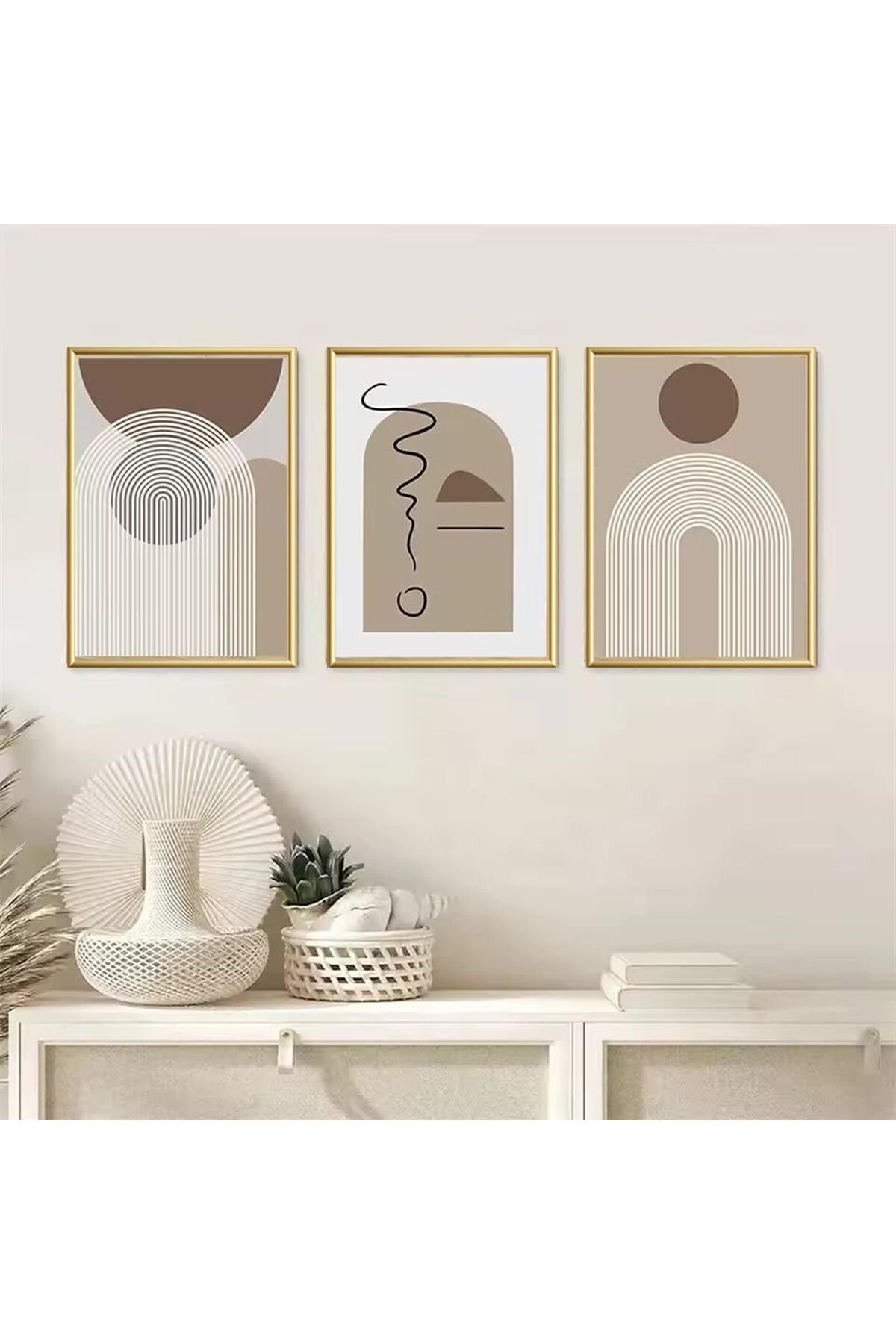 Üçlü Gold Metal Çerçeve Kahverengi Bohem Cam Tablo Seti Gold - 40 X 60