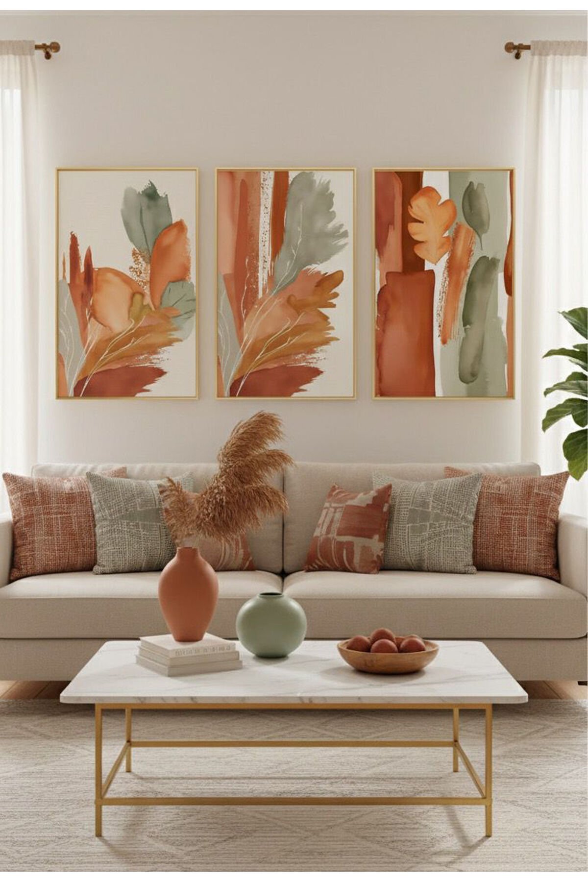 Üçlü Gold Metal Çerçeve Kahve Yeşil Yaprak Poster Camlı Tablo Seti