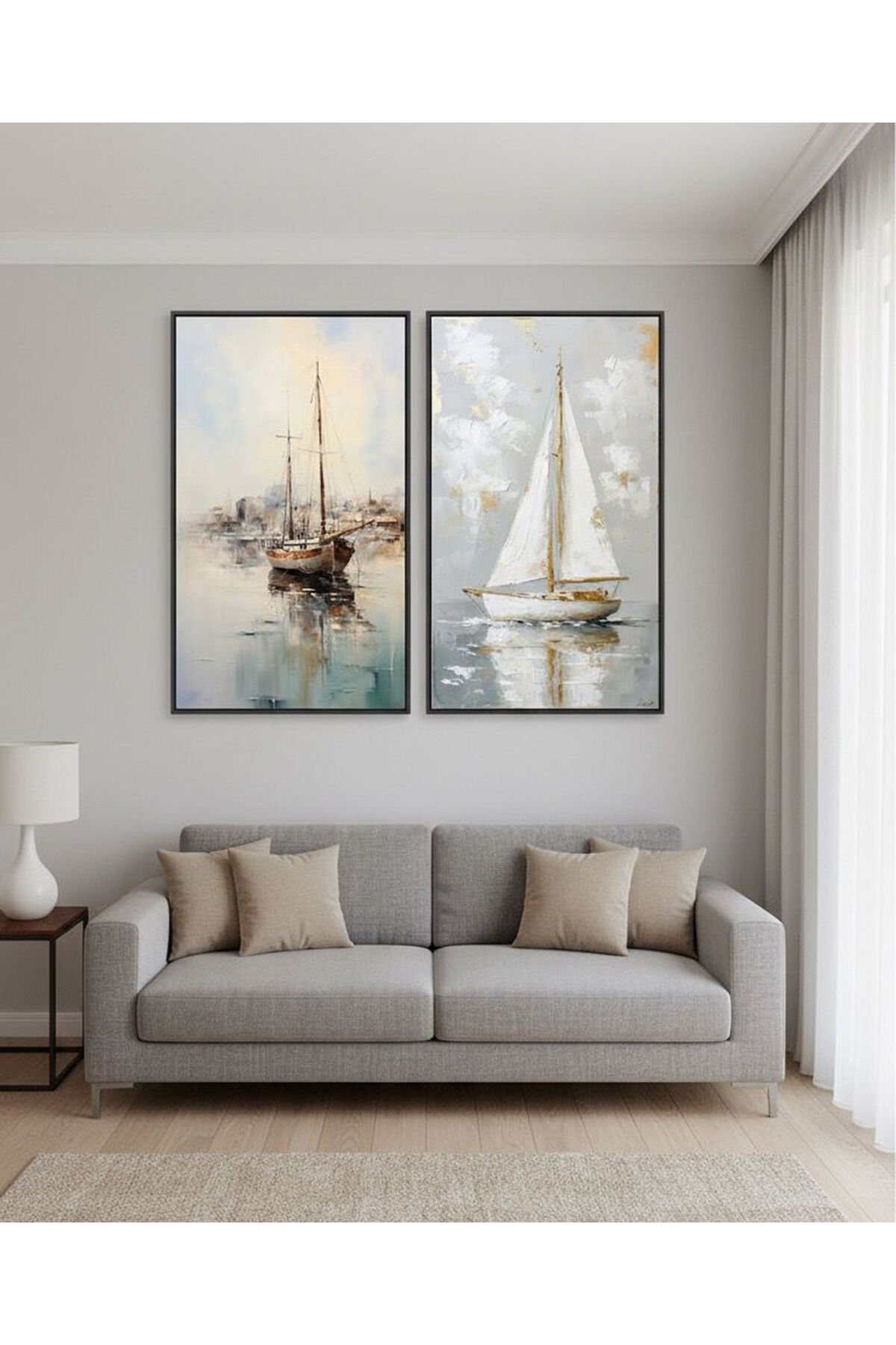 İkili Siyah Metal Çerçeve Deniz Doğa Yelken Camlı Tablo Seti
