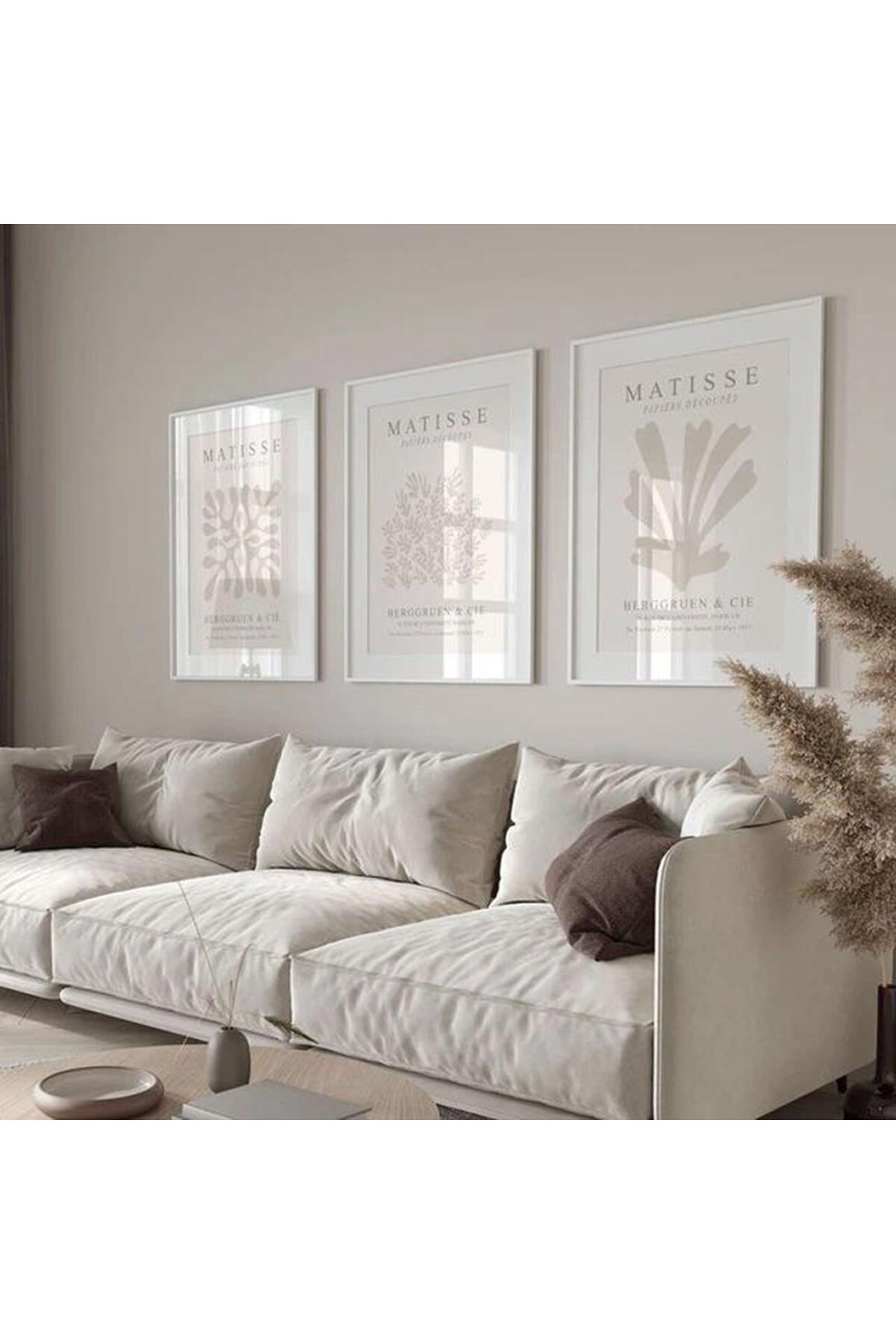 Üçlü Beyaz İnce Metal Çerçeve Soft Matisse Cam Tablo Seti