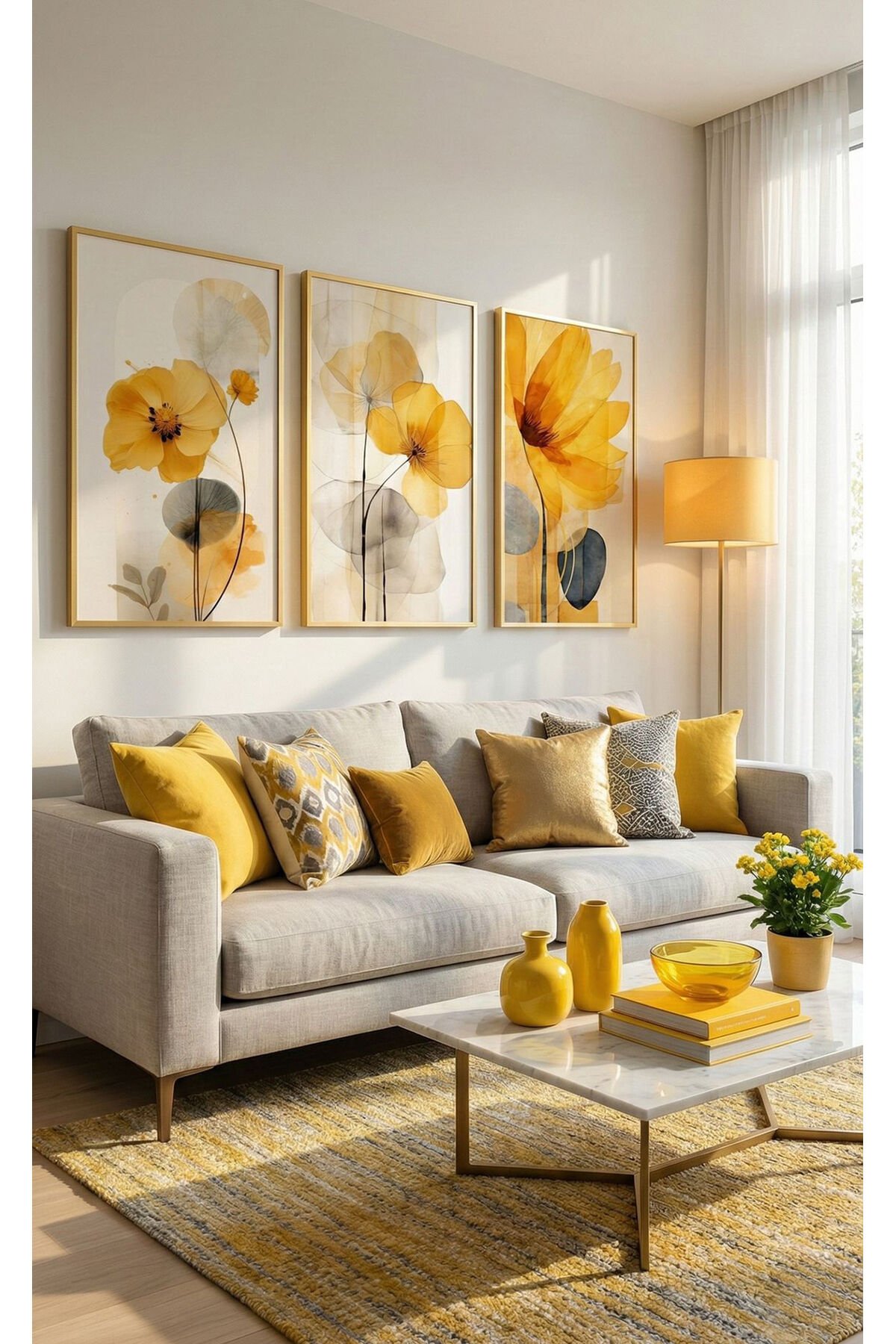 Üçlü Gold Metal Çerçeve Sarı Çiçek Poster Camlı Tablo Seti