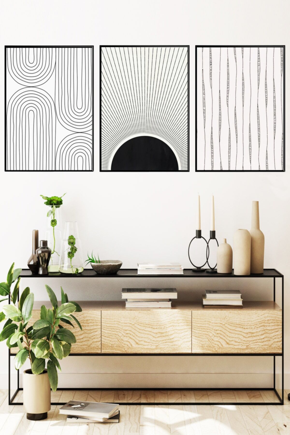 Üçlü Siyah Alüminyum Metal Çerçeveli Camlı Siyah Beyaz Soyut Çizgili Poster Tablo Seti