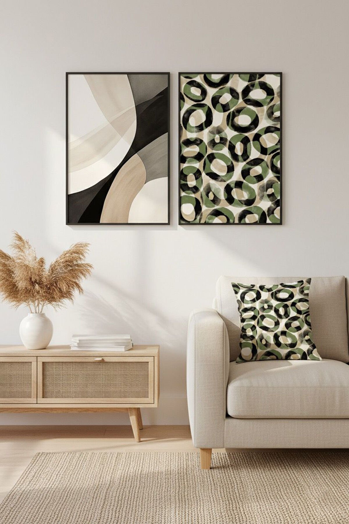 İkili Siyah Metal Çerçeve Soyut Yeşil Camlı Tablo Seti