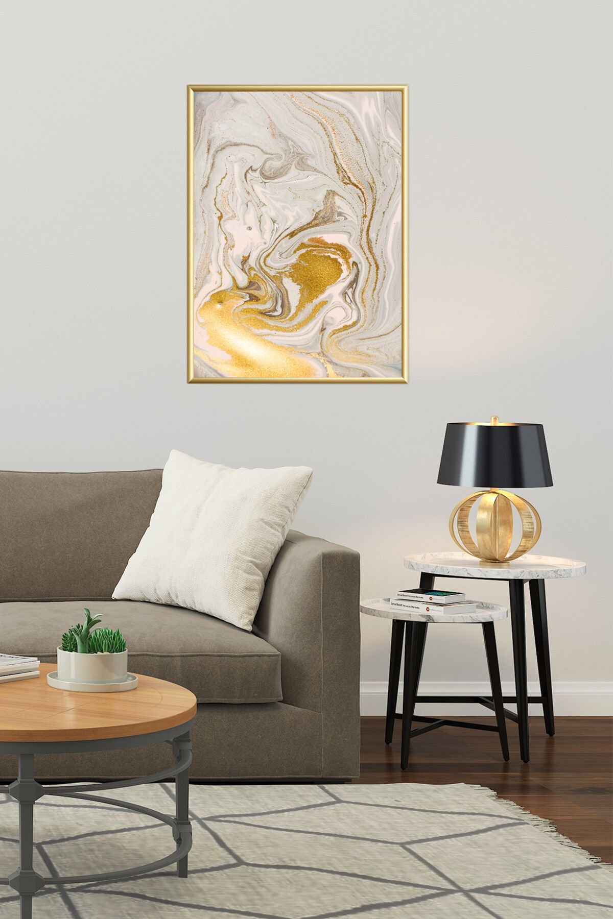 Gold Mermer Desen Metal Alüminyum Çerçeveli Camlı Poster