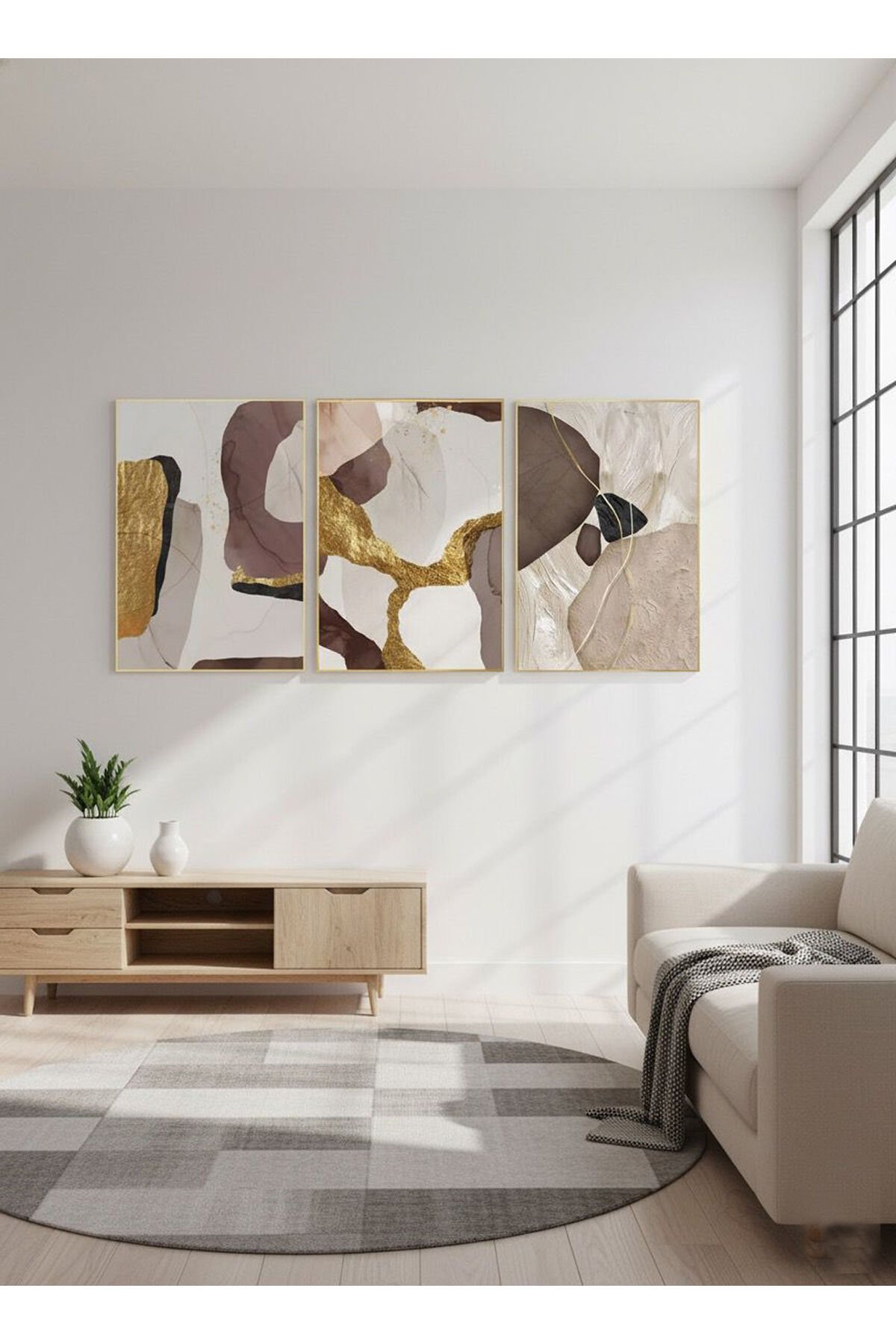 Üçlü Gold Metal Çerçeve Kahve Soyut Poster Camlı Tablo Seti