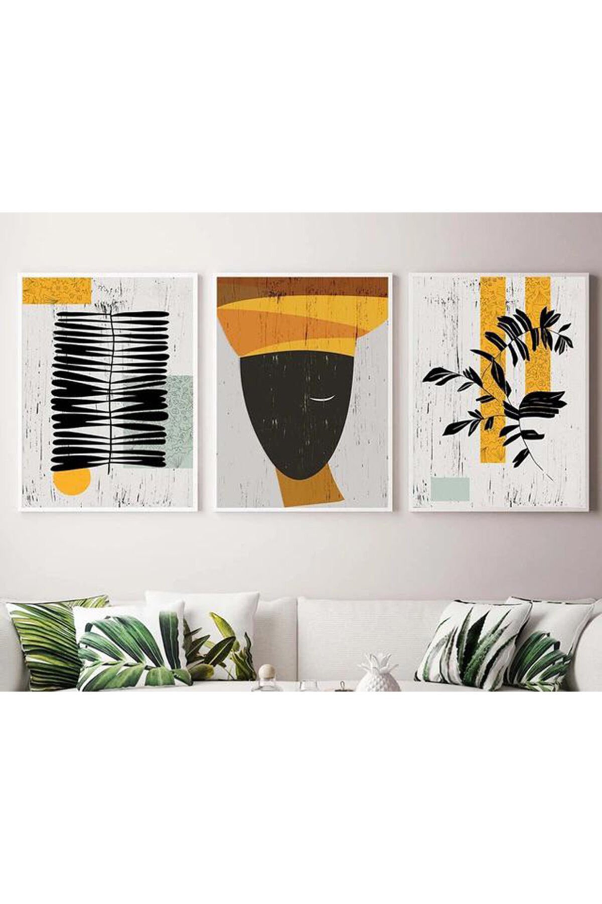 Üçlü Beyaz İnce Metal Çerçeve Siyah Sarı Cam Tablo Seti