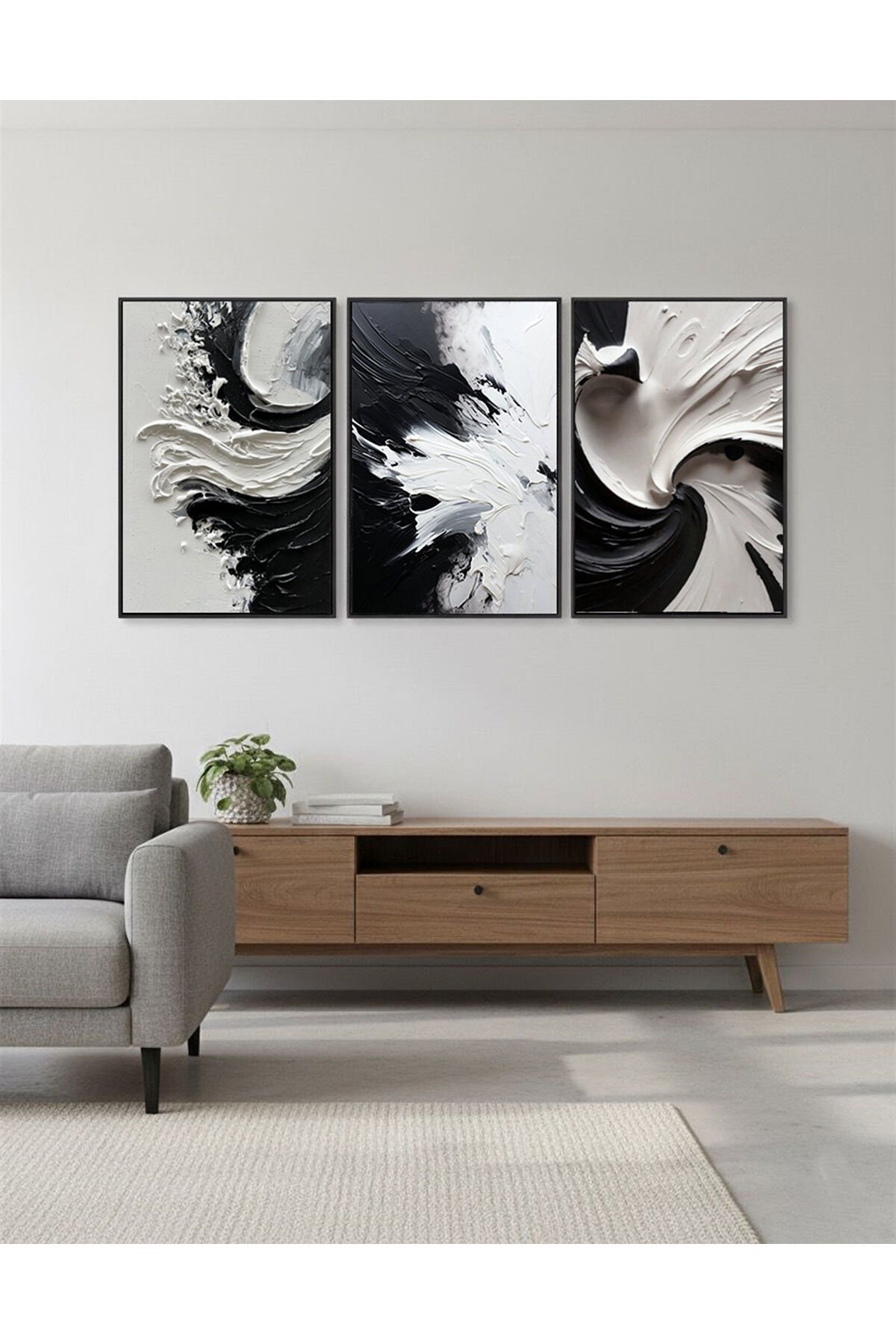 3lü Siyah Metal Çerçeve Beyaz Modern Döngü Cam Tablo Seti