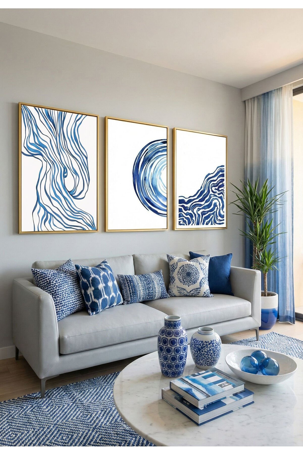 Üçlü Gold Metal Çerçeve Mavi Beyaz Poster Camlı Tablo Seti
