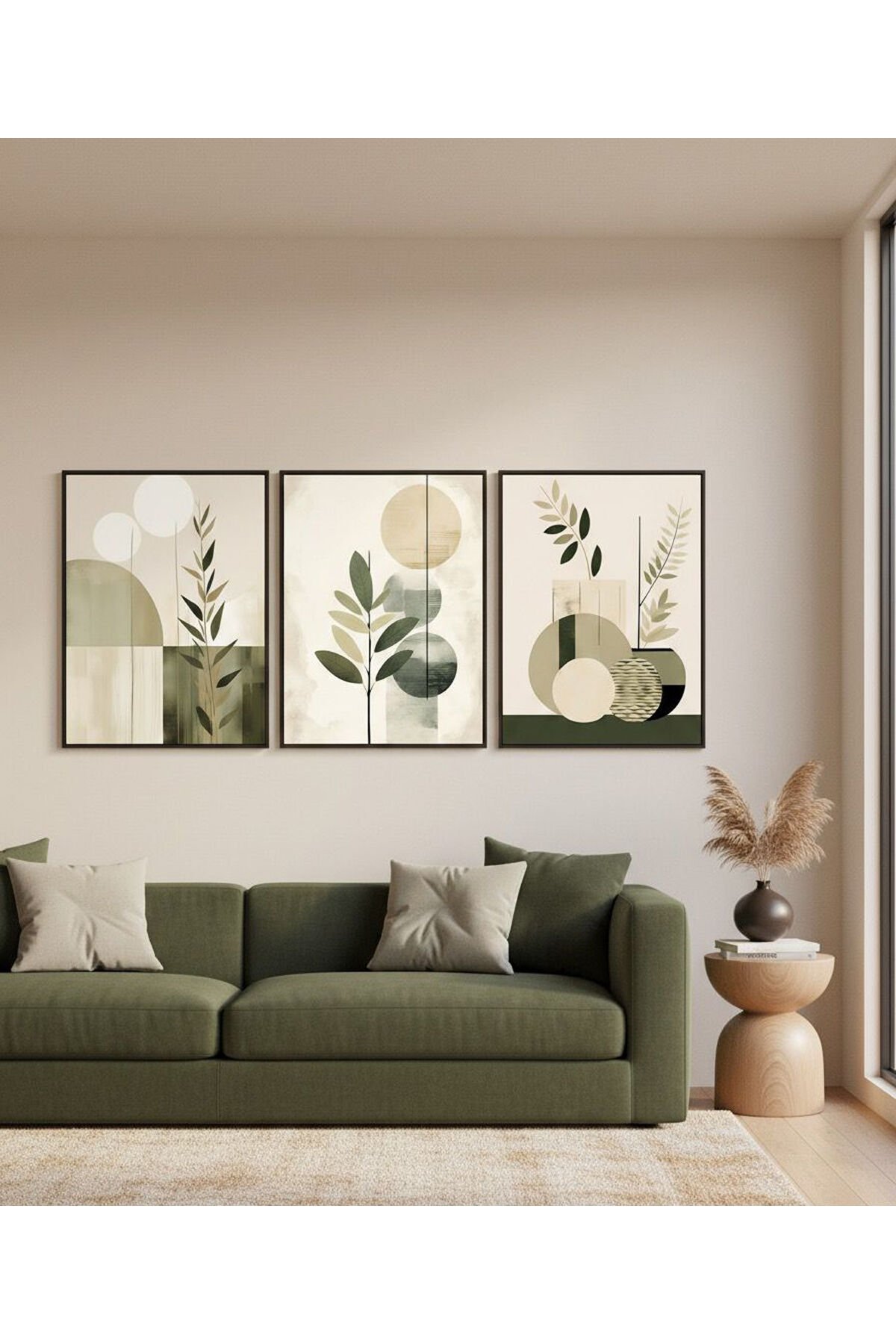 3lü Siyah Metal Çerçeve Yeşil Botanik Sanat Cam Tablo Seti