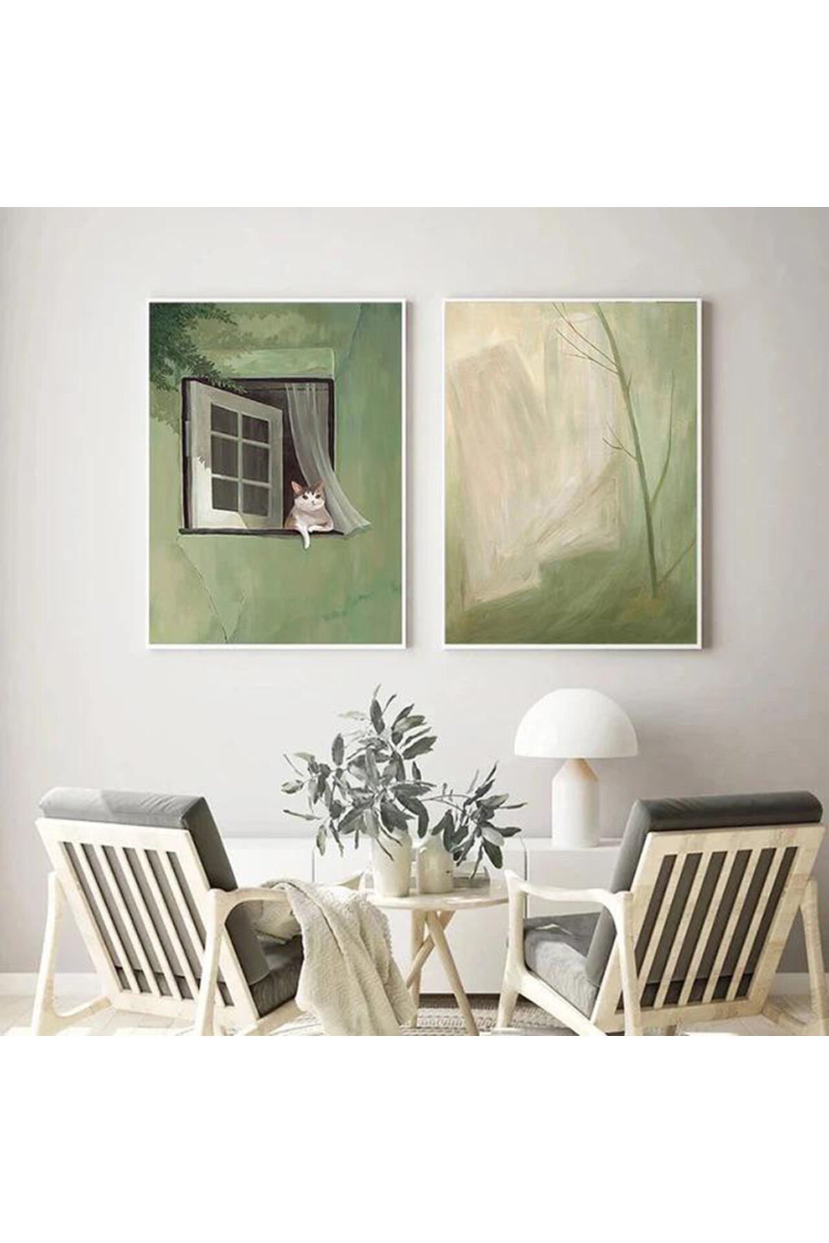 İkili Beyaz İnce Metal Çerçeve Yeşil Pencere Kedi Cam Tablo Seti
