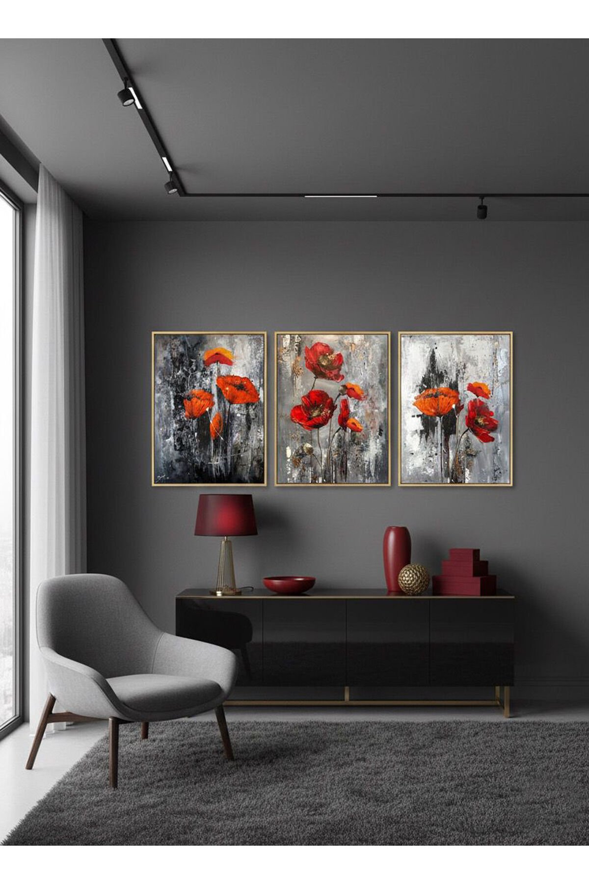 Üçlü Gold Metal Çerçeve Gri Kırmızı Gelincik Poster Camlı Tablo Seti