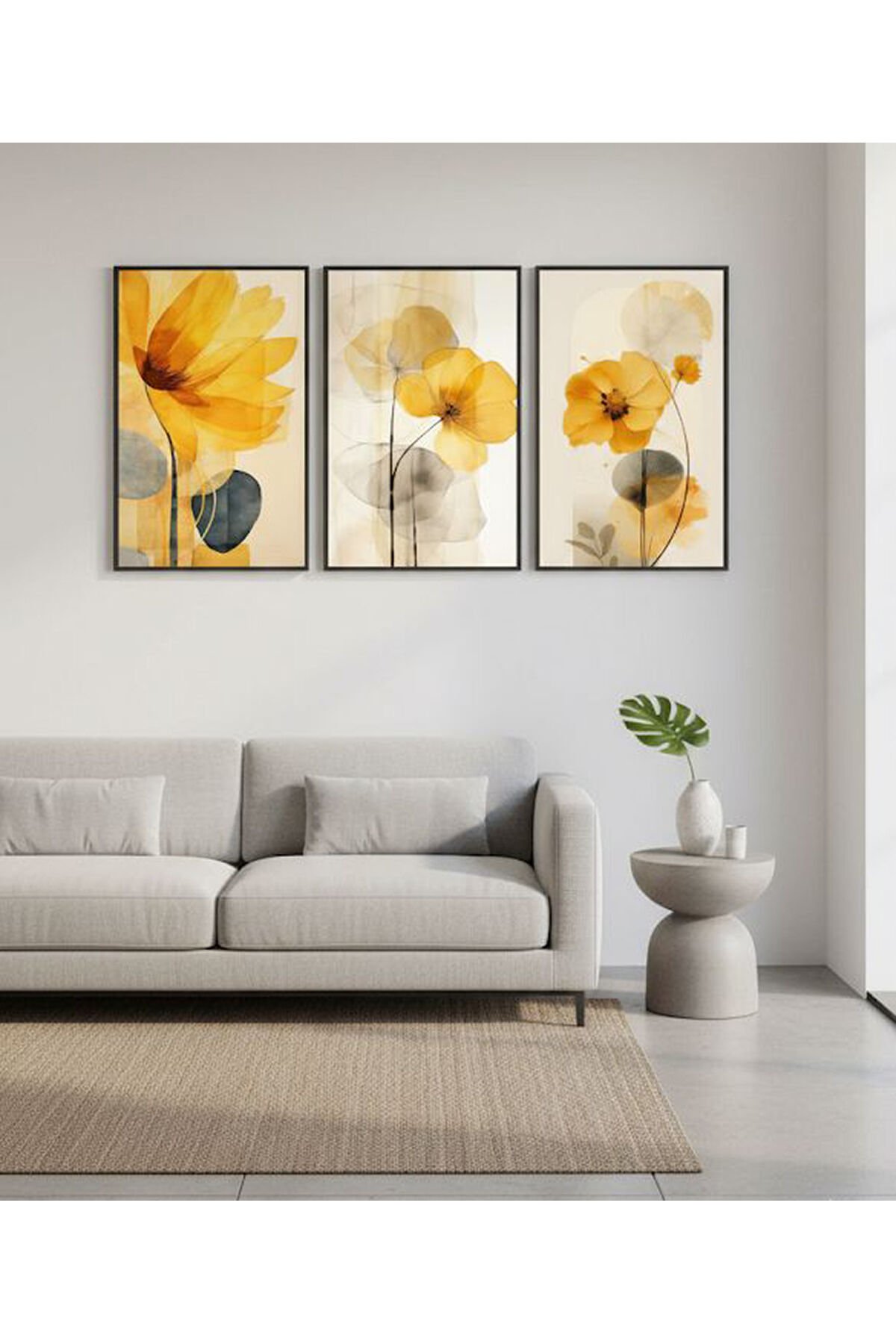 3lü Siyah Metal Çerçeve Sarı Çiçek Doğa Cam Tablo Seti