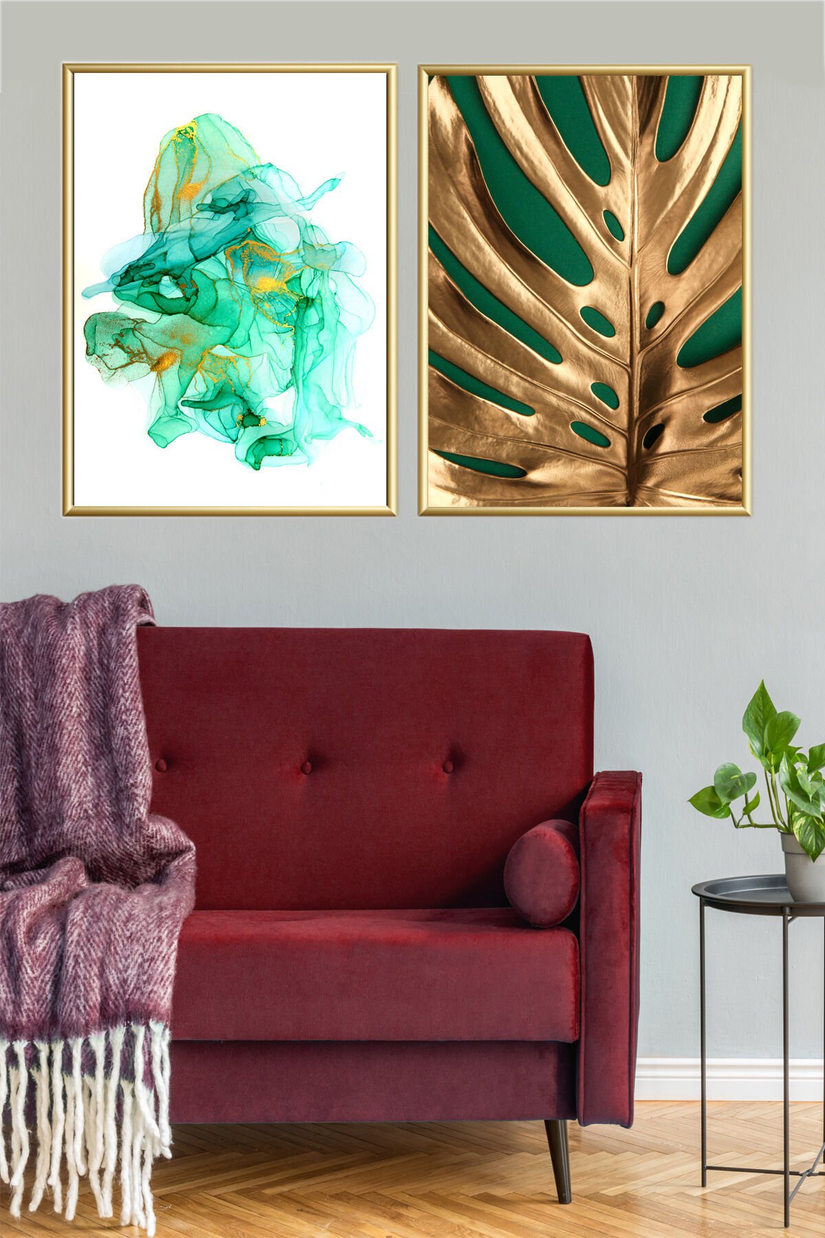 2li Gold Metal Yeşil Yaprak Çerçeveli Poster Seti