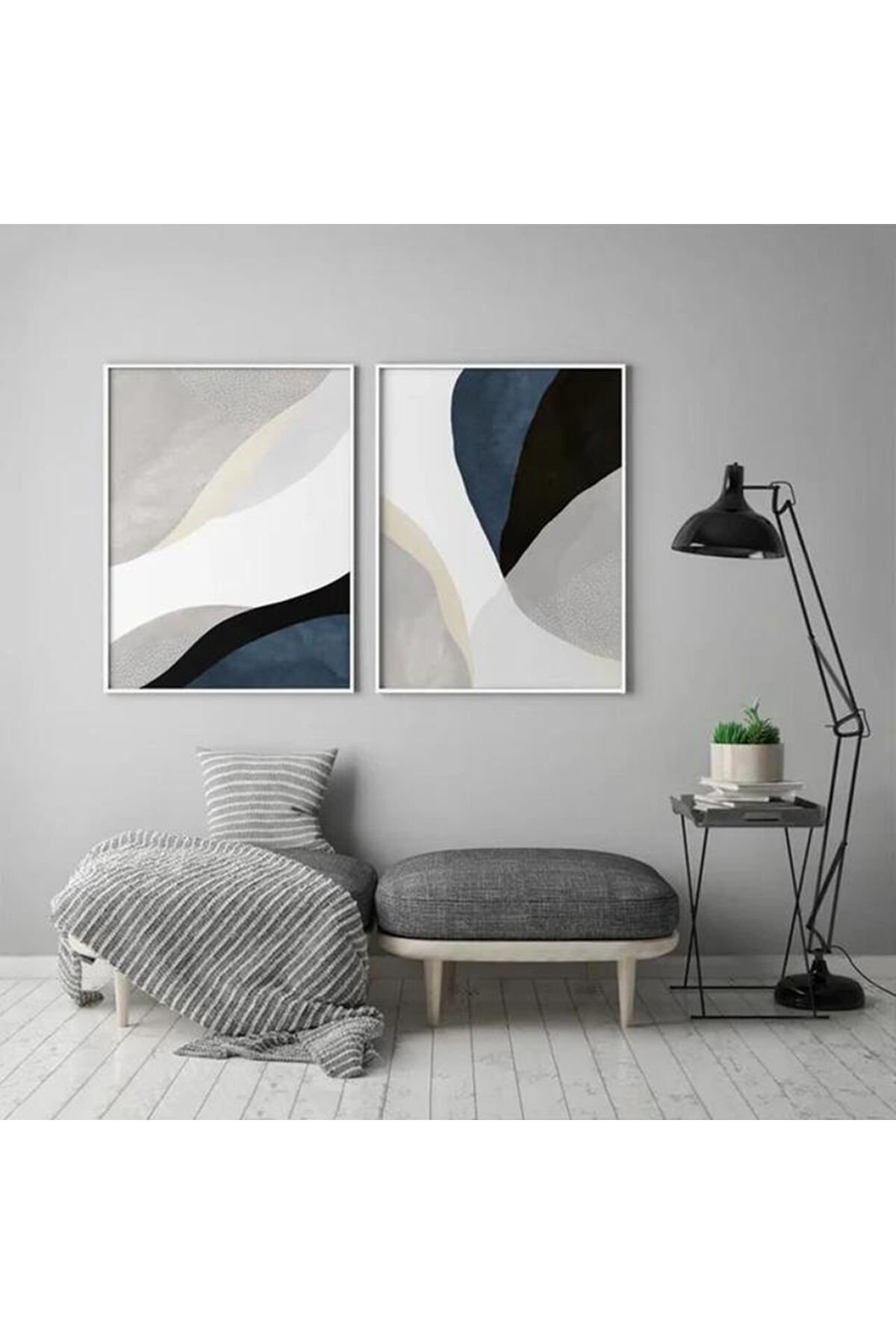 İkili Beyaz İnce Metal Çerçeve Mavi Gri Cam Tablo Seti