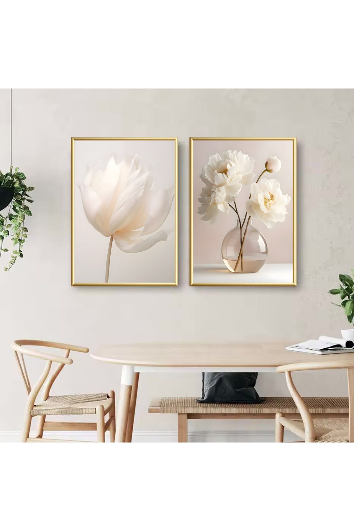 2li Gold Metal Çerçeve Soft Saksı Pudra Camlı Tablo Seti