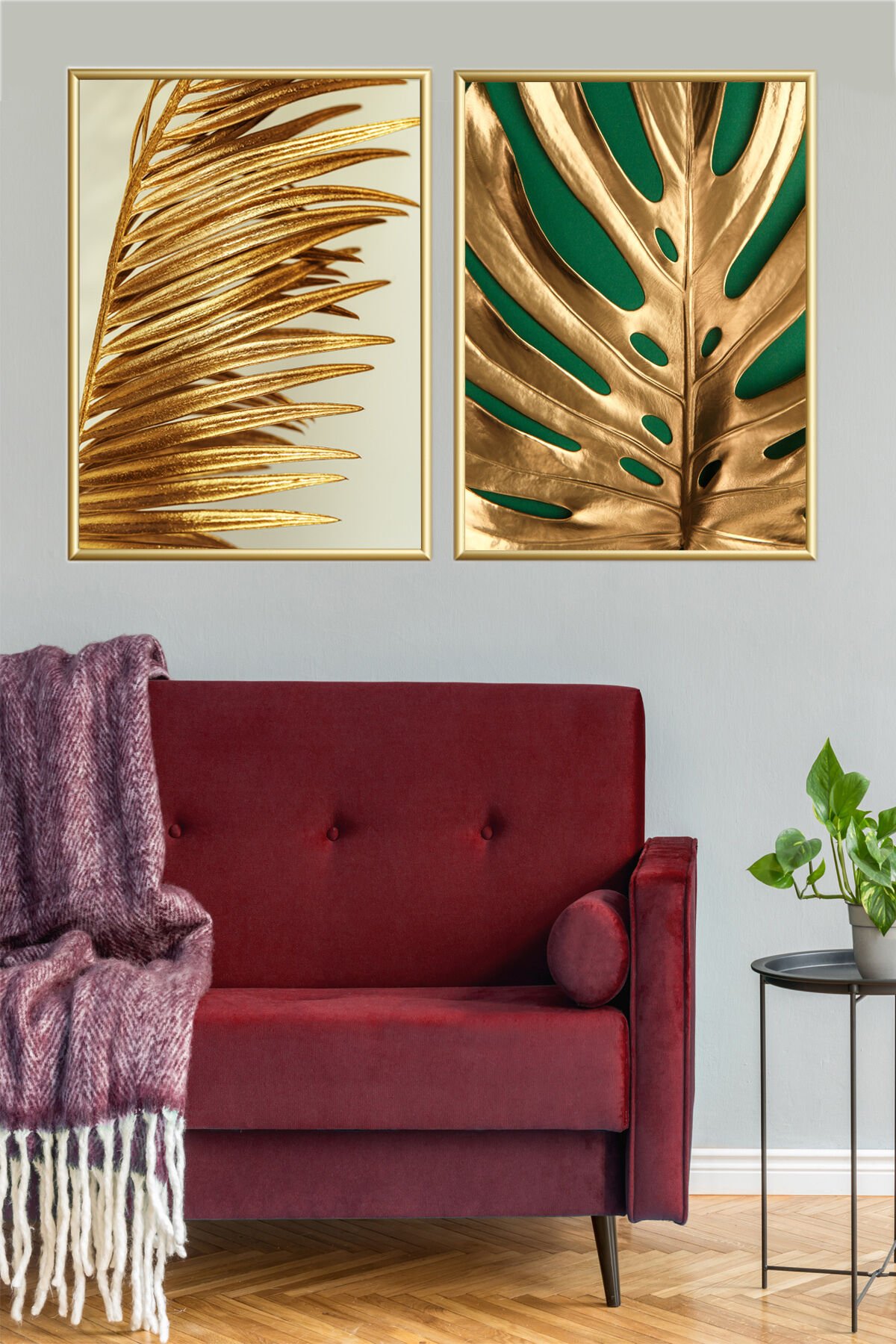 Ikili Yeşil Yaprak Gold Alüminyum Çerçeveli Camlı Tablo Poster Seti