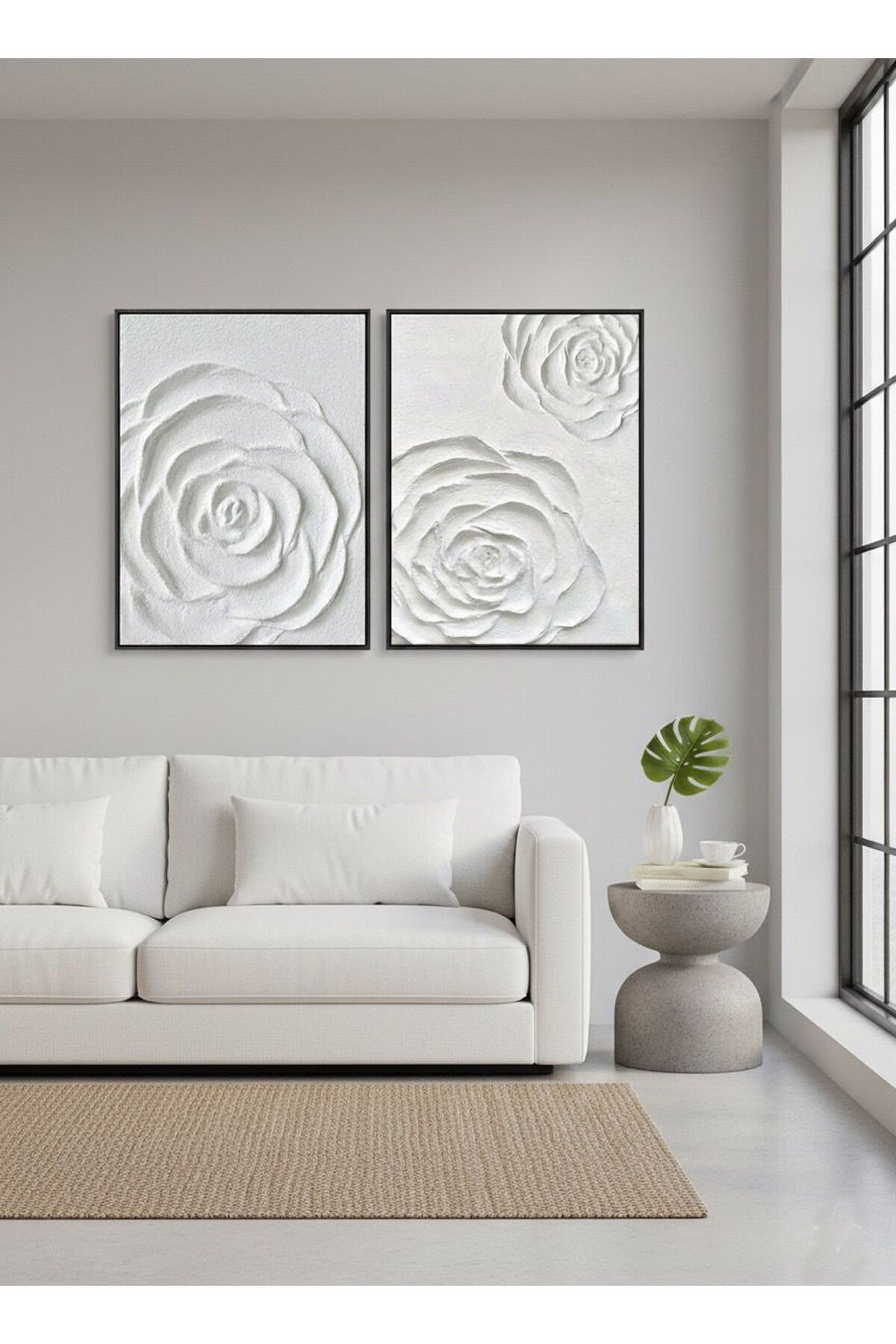 İkili Siyah Metal Çerçeve Beyaz Zerafet Huzur Camlı Tablo Seti