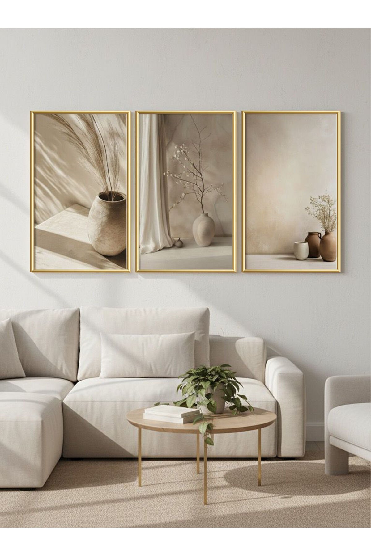Üçlü Gold Metal Çerçeve Soft Saksı Cam Tablo Seti Gold - 60 X 90