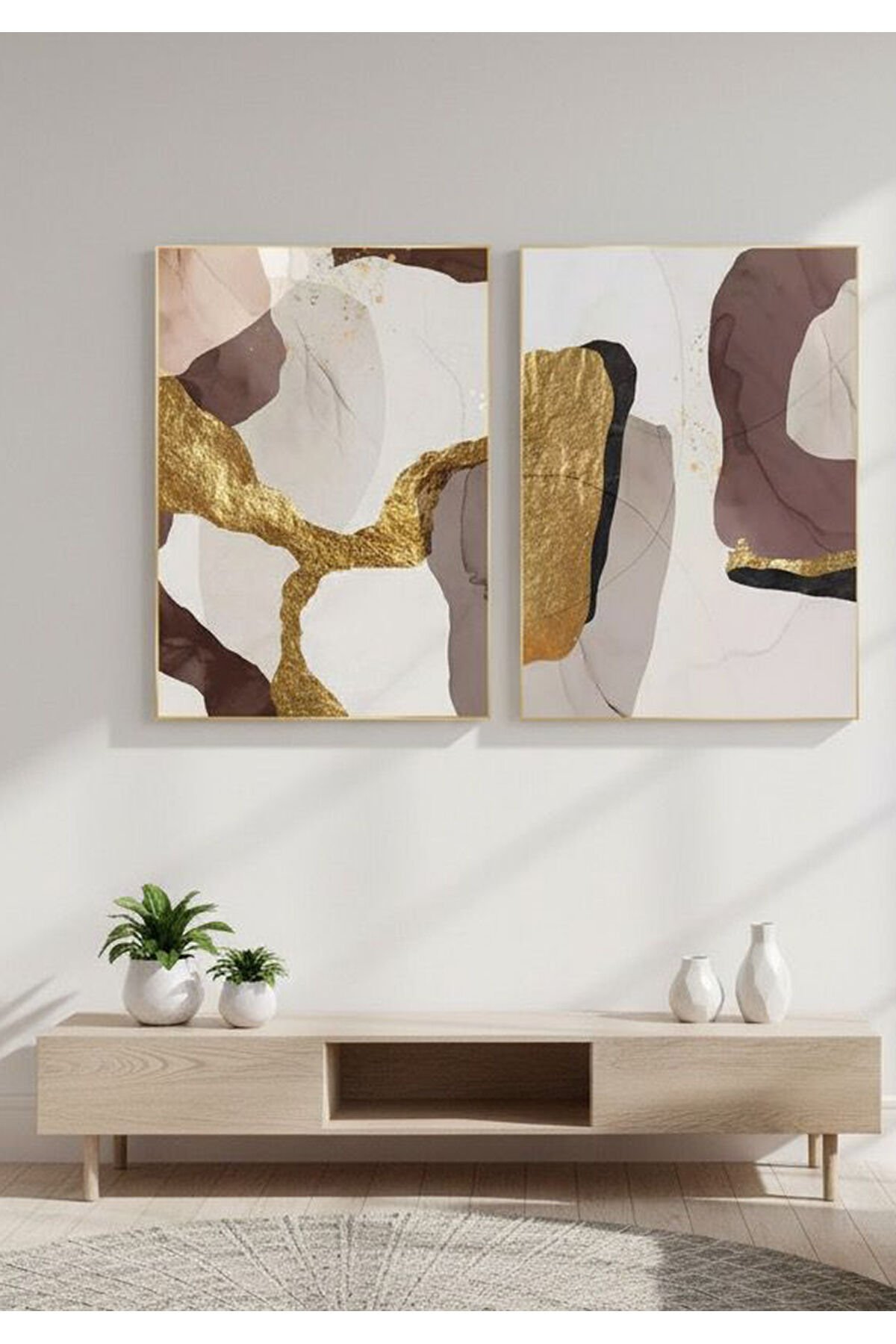 2li Gold Metal Çerçeve Kahve Sarı Desen Camlı Tablo Seti