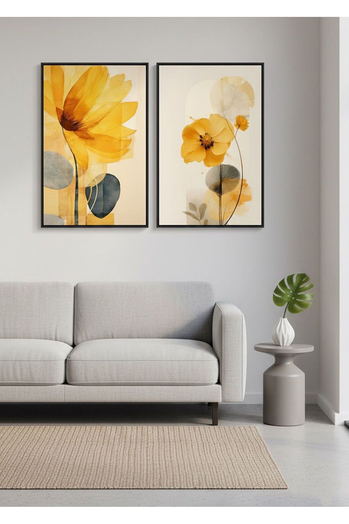 İkili Siyah Metal Çerçeve Sarı Enerji Sıcak Camlı Tablo Seti