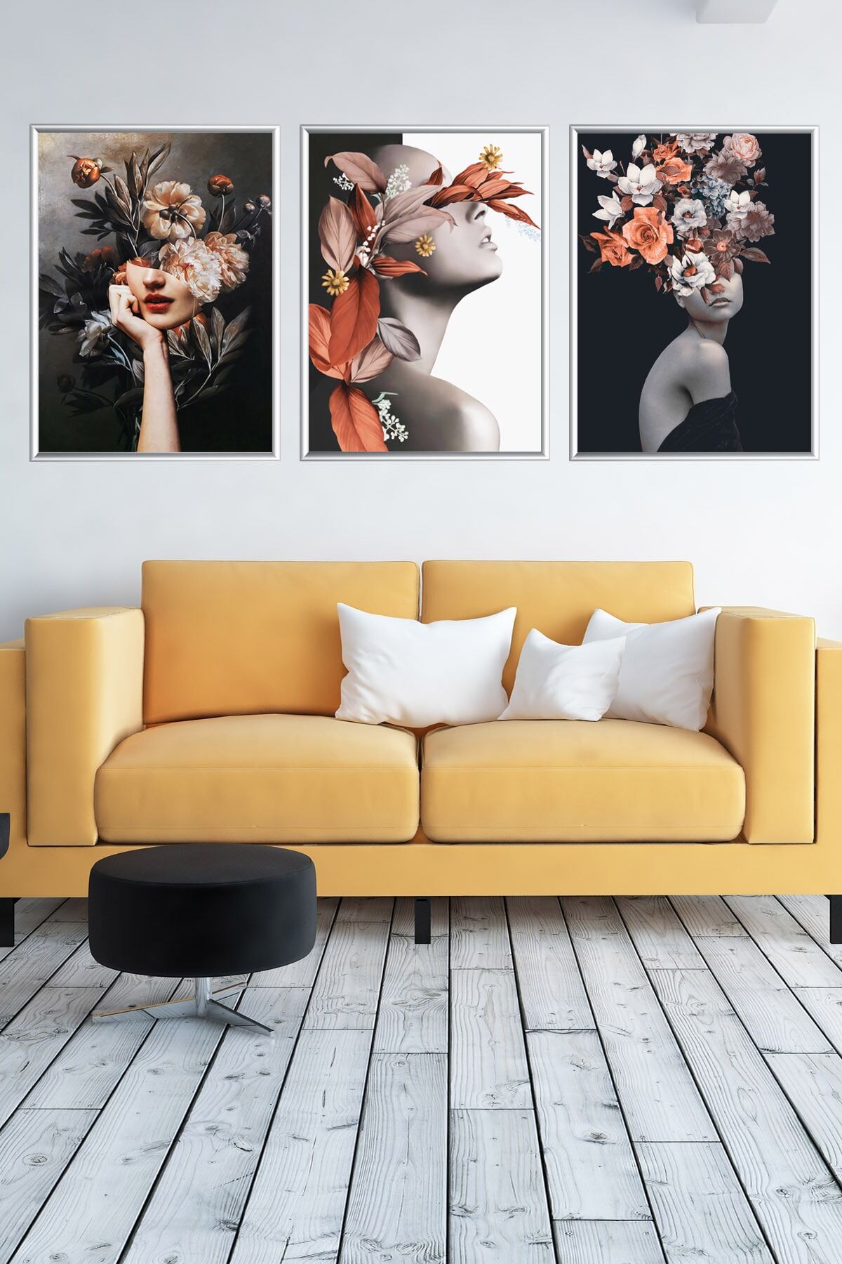 Üçlü Gümüş Alüminyum Metal Çerçeveli Camlı Poster Tablo Seti