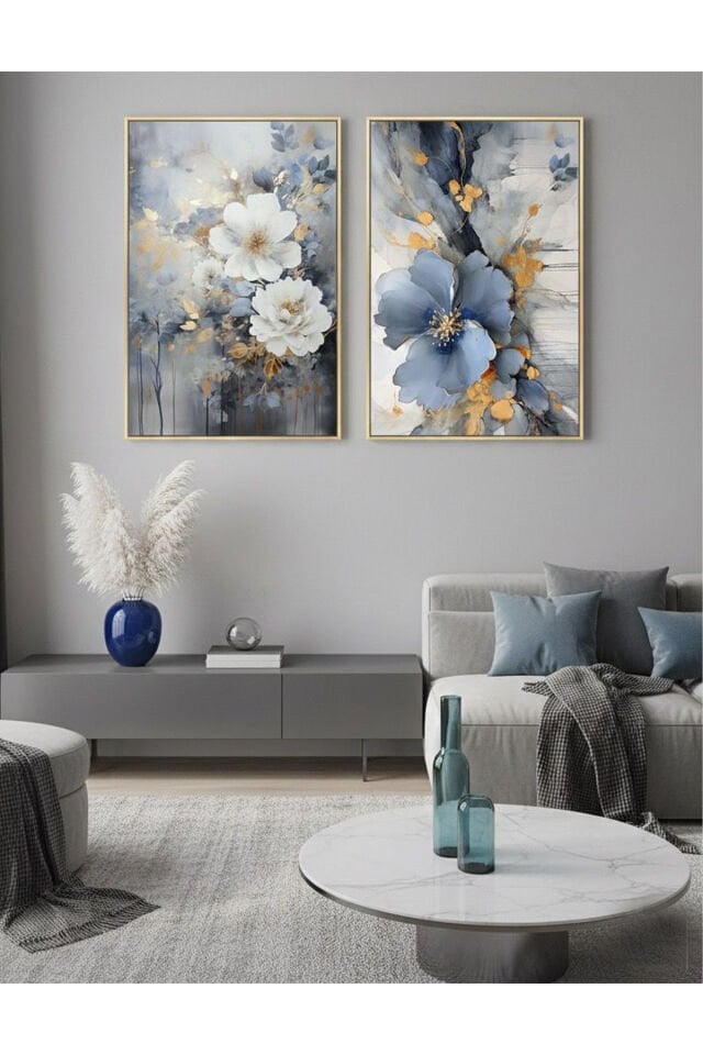 2li Gold Metal Çerçeve Mavi Çiçek Moda Camlı Tablo Seti