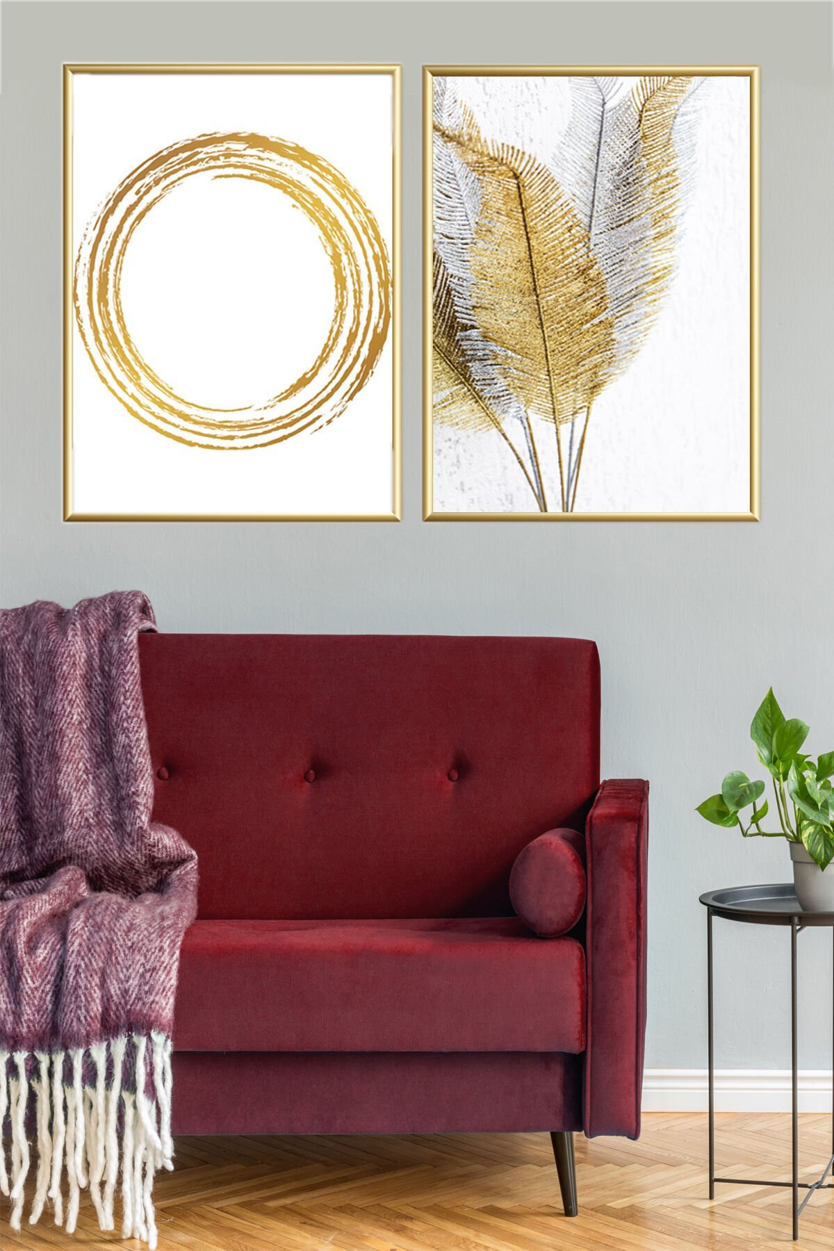 Ikili Gold Alüminyum Dairesel Beyaz Camlı Çerçeveli Poster Seti