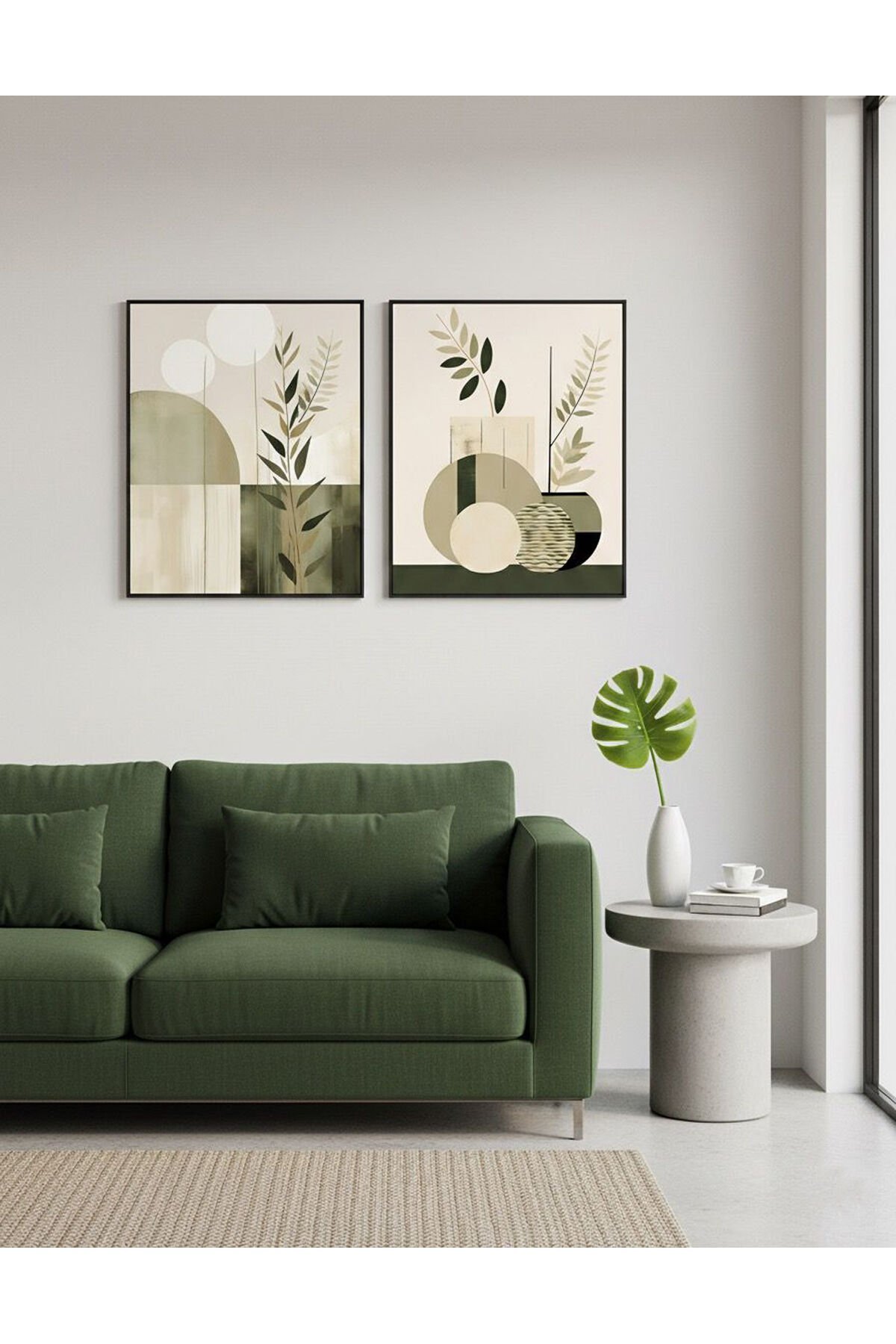 İkili Siyah Metal Çerçeve Boho Duvar Sanatı Yeşil Camlı Tablo Seti