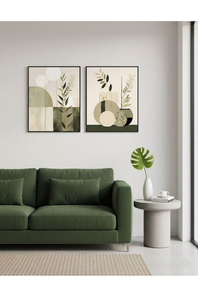 İkili Siyah Metal Çerçeve Boho Duvar Sanatı Yeşil Camlı Tablo Seti