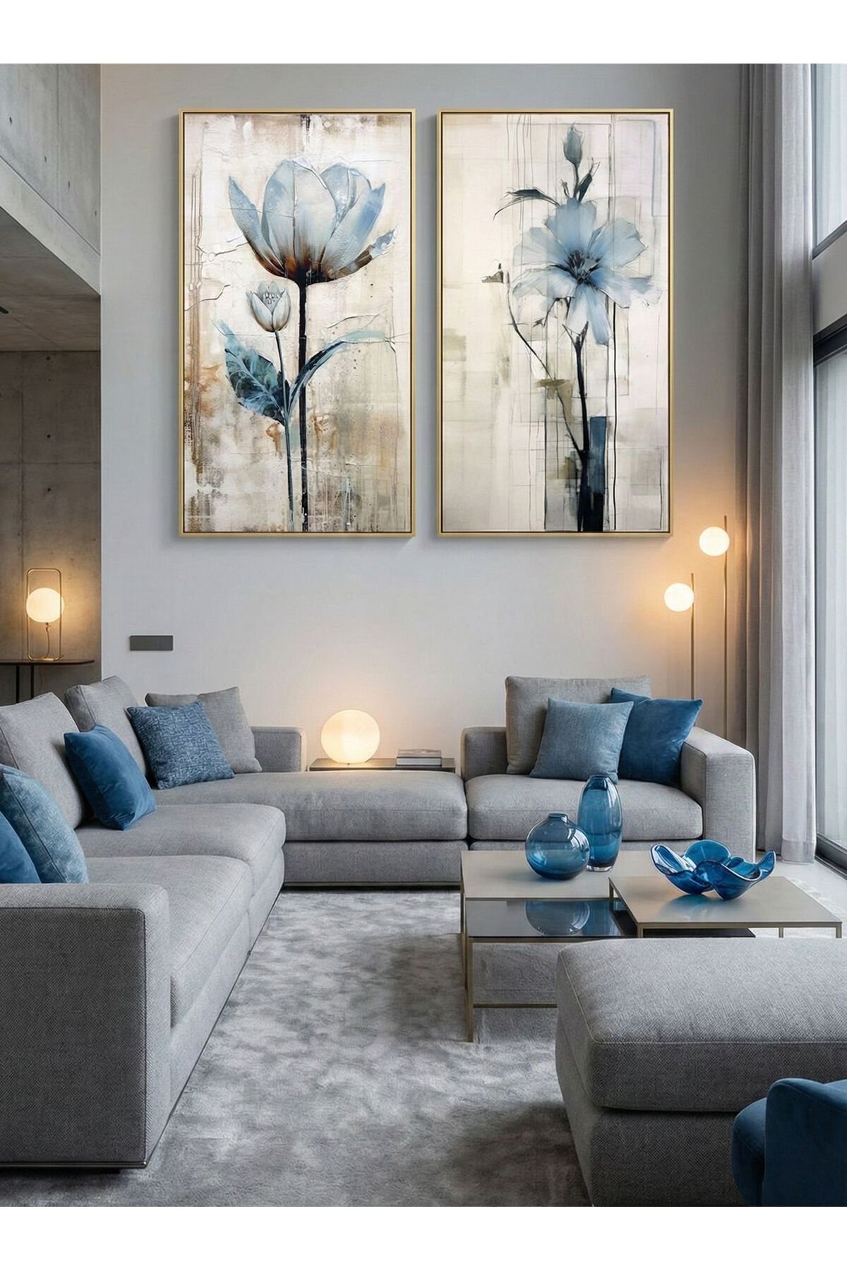 2li Gold Metal Çerçeve Mavi Çiçek Soft Camlı Tablo Seti