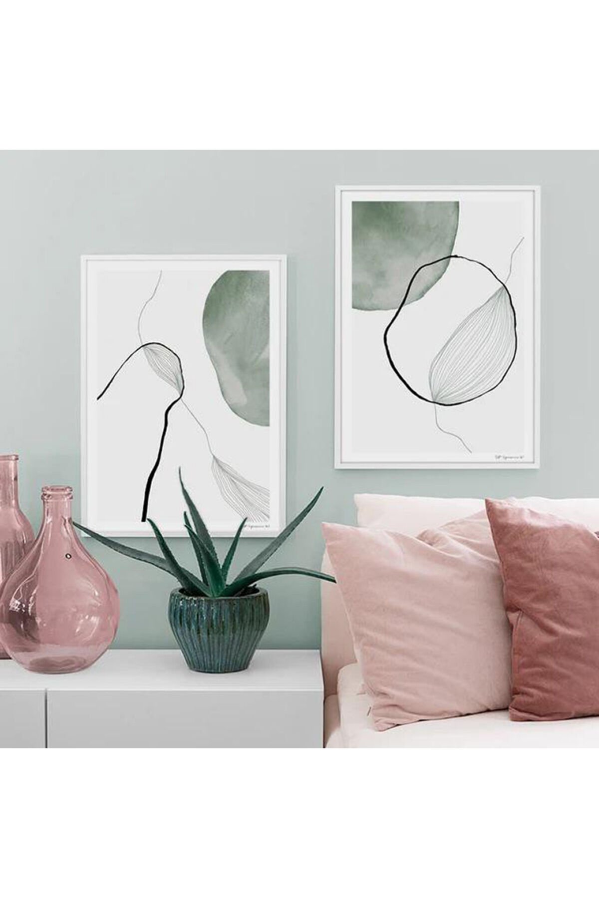 İkili Beyaz İnce Metal Çerçeve Yeşil Hare Cam Tablo Seti