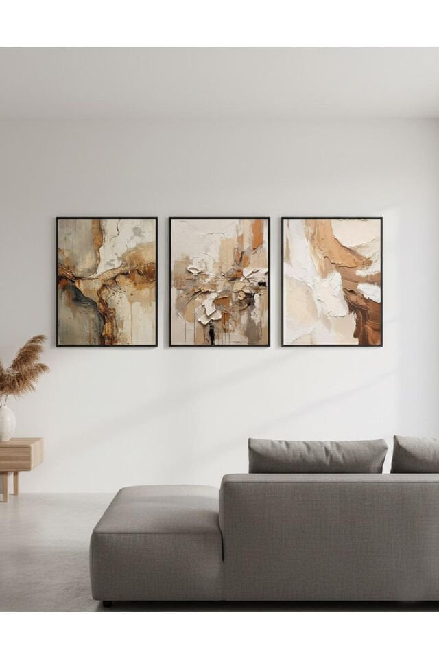 Üçlü Siyah Metal Kahve Krem Sanatsal Dijital PosterCam Tablo Seti